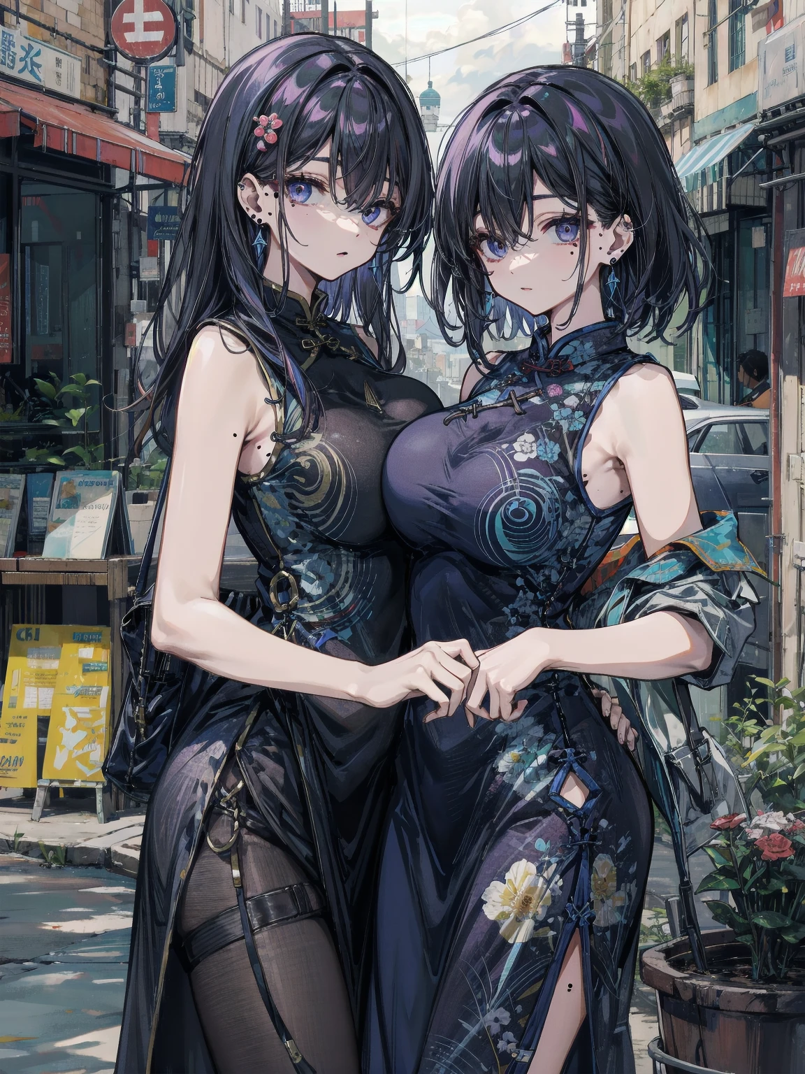 masterpiece, best quality, {{{masterpiece}}}, highres, intricate detail, fine detail, best quality, dynamic light, dynamic shadow, cinematic light, ray tracing, extremely detailed, 1girl, ((black hair)), very long hair, long straight hair, ((yellow pupils)), detailed eyes, first rate female bodies, first rate breasts, huge breasts, halterneck, fur-trimmed coat, dark aura, view of city building in behind, cinematic shot, smile, glowing eyes, starry sky, hand on hip,