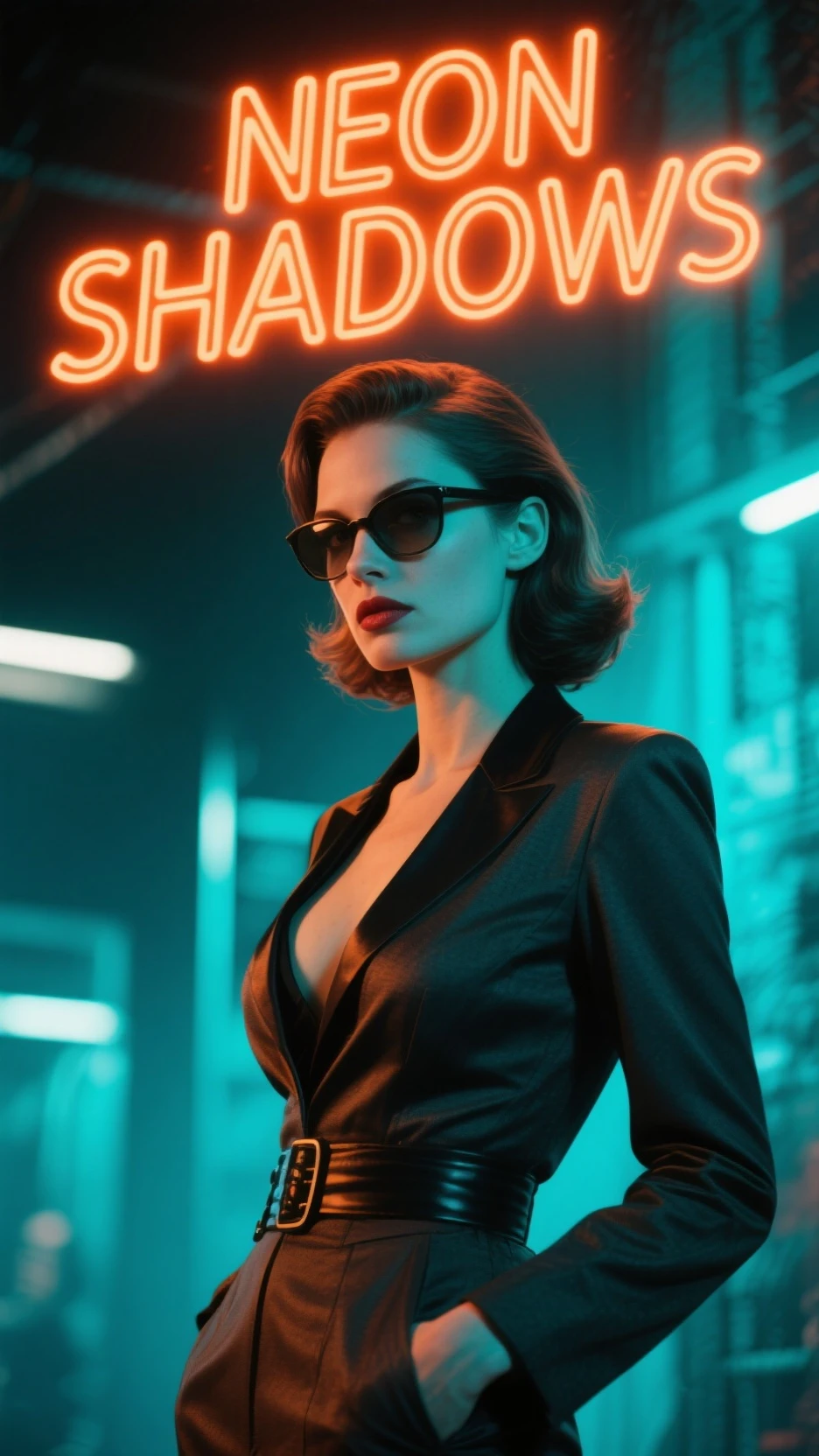 A movie scene from "13th Floor", a bustling street in year 1937 at night, dark sky. (1girl, solo), elegant woman wearing short dress, photorealistic, large-breast:1.2 C-cup slim:0.9 body, cleavage:1.2, (matrix style black sunglasses), (holding a mini:1.1 stun gun), dynamic pose, (half-body thigh:1.1 level medium shot), cinematic lighting, ray tracing.
