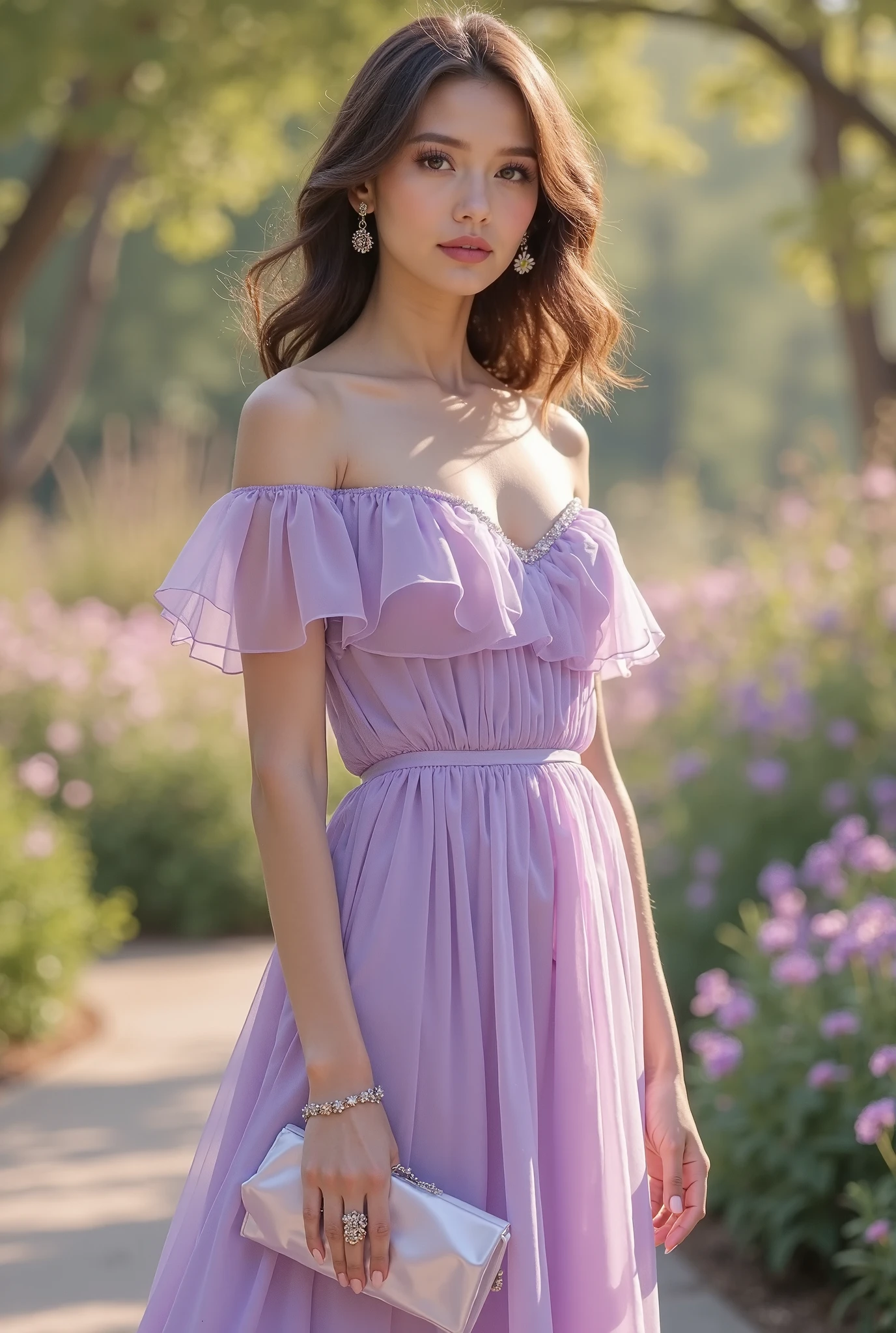 LexiG_SoloTI_v1,
(In a flowing dress of soft lilac chiffon, adorned with delicate lace and adorned with sparkling crystals, for a dreamy and enchanting look), (Amidst a field of wildflowers in full bloom, where the gentle breeze carries the scent of lavender and the song of birds fills the air, a sense of purity and innocence surrounds the ethereal figure of Lilies:1.3), (seductive:1.3),(analog, cinematic, film grain, hazy atmosphere, cinematic shot:1.3),
<lora:add_detail:0.5>, PA7_Portrait-MCU,