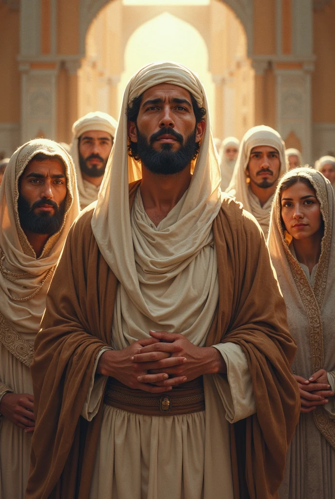 A gathering of people celebrating the miraculous birth of Hazrat Yahya, with a sense of wonder and awe on their faces.