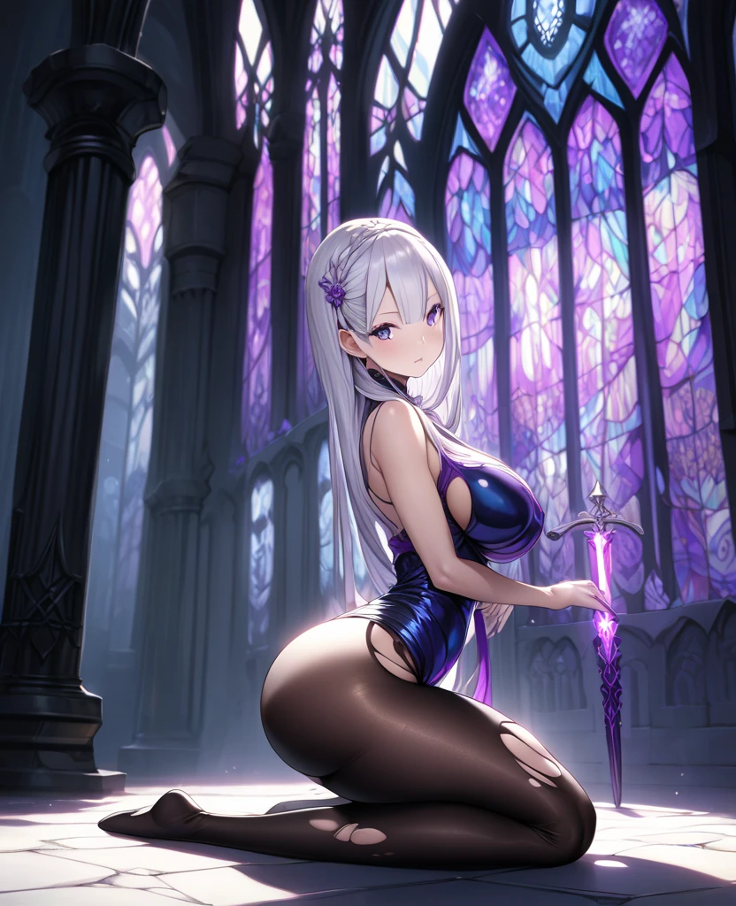 (masterpiece, Best Quality), (High resolution, ultra detailed), ( perfect anatomy), horns, standing, 1 demon girl, big breasts, full body, torn bandages, long hair, white hair, pale skin, dark sclera, purple iris, purple pupil, demonic sword, nakedness, crown, barefoot, cave