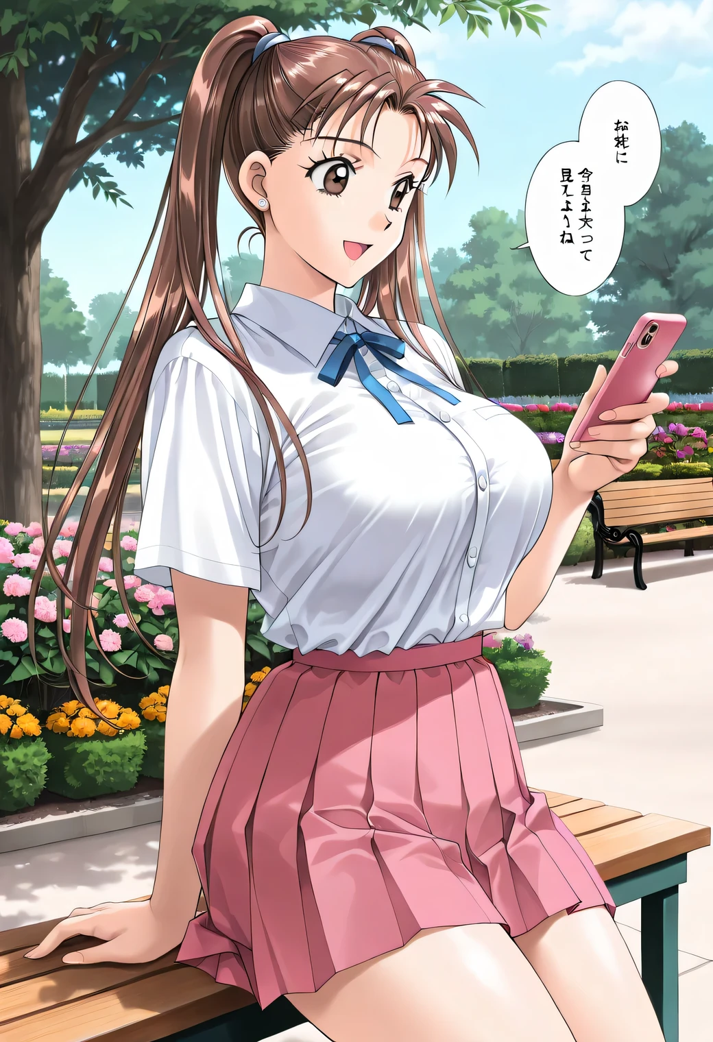 masterpiece, newest, lively, very aesthetic, high contrast, mature woman,solo,((KanouRyouko, twintails, brown hair, long hair, brown eyes)),((school uniform,white shirt,blue ribbon,pink pleated skirt)), ((Big Breasts:1.4)), (smile,open mouth),((garden,Outdoors, bench,Detailed Background)),((look at their phones)),Highest Quality, semi-realistic, Cowboy Shots,kadoi aya style, Fullmetal Alchemist anime style, ((Look viewers)),clips dialog