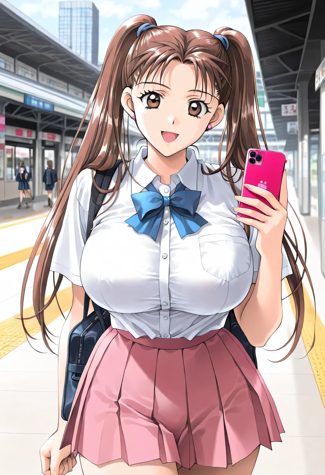 masterpiece, newest, lively, very aesthetic, high contrast, mature woman,solo,((KanouRyouko, twintails, brown hair, long hair, brown eyes)),((school uniform,white shirt,blue ribbon,pink pleated skirt)), ((Big Breasts:1.4)), (smile,open mouth),(( Tokyo ,station,indoor,Detailed Background)),(( holding a smartphone)),Highest Quality, semi-realistic, Cowboy Shots,kadoi aya style, Fullmetal Alchemist anime style, ((Look viewers)),clips dialog