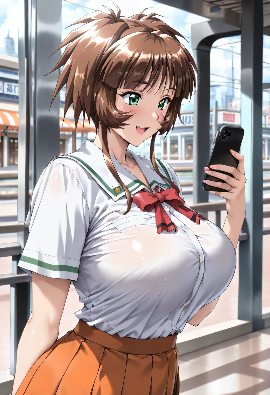 masterpiece, newest, lively, very aesthetic, high contrast, mature woman,solo.((Ichimonji_Akane(Tokimeki_Memorial2),1girl, solo, brown hair, green eyes, short hair, huge breasts, bangs, shiny hair, sidelocks)),((school uniform,white shirt,Red Ribbon,orange pleated skirt)), (smile,open mouth),(( Tokyo ,station,indoor,Detailed Background)),(( holding a smartphone)),Highest Quality, semi-realistic, Fullmetal Alchemist anime style, ((Look viewers)), clips dialog