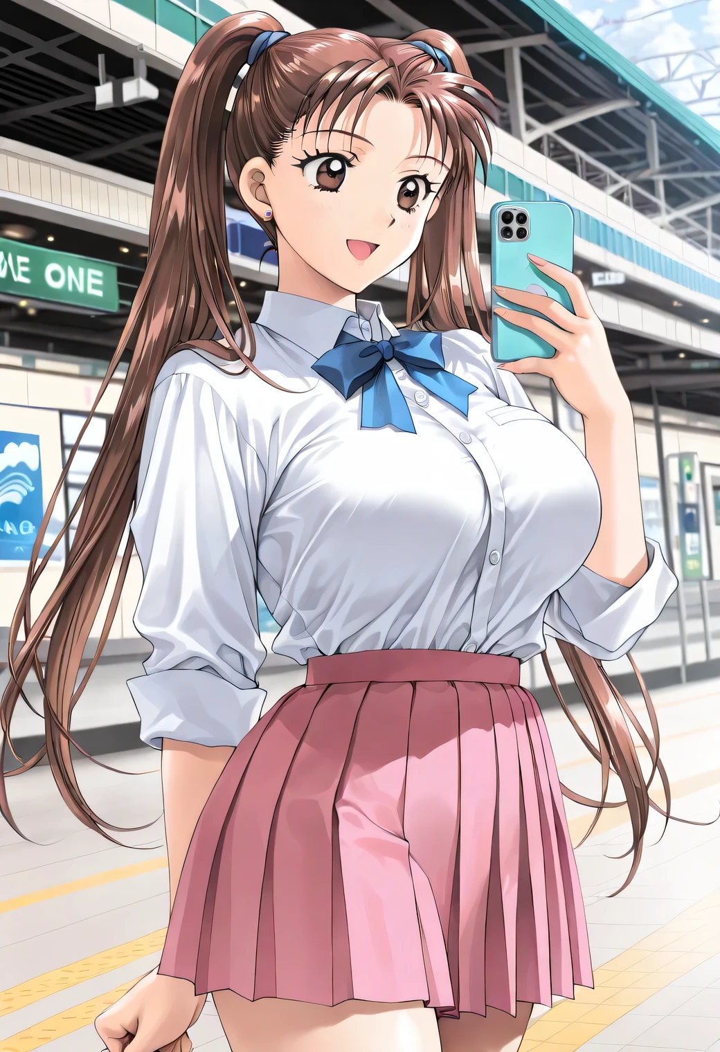 masterpiece, newest, lively, very aesthetic, high contrast, mature woman,solo,((KanouRyouko, twintails, brown hair, long hair, brown eyes)),((school uniform,white shirt,blue ribbon,pink pleated skirt)), ((Big Breasts:1.4)), (smile,open mouth),(( Tokyo ,station,indoor,Detailed Background)),(( holding a smartphone,Wave one hand)),Highest Quality, semi-realistic, Cowboy Shots,kadoi aya style, Fullmetal Alchemist anime style, ((Look viewers)),clips dialog