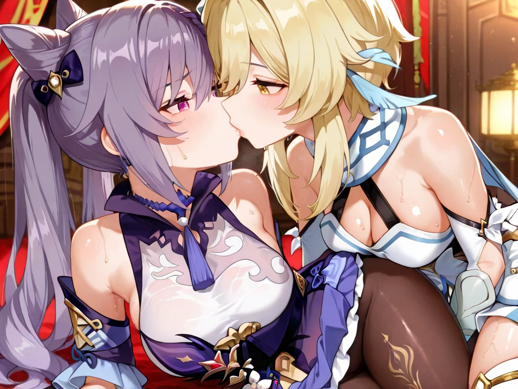 score_9, score_8_up, score_7_up, source_anime, BREAK, ((alp)), 2girls, ninguang genshin impact beidou genshin impact, embracing eachother, looking at viewer, blush, embarassed, breast press, yuri, conjoined