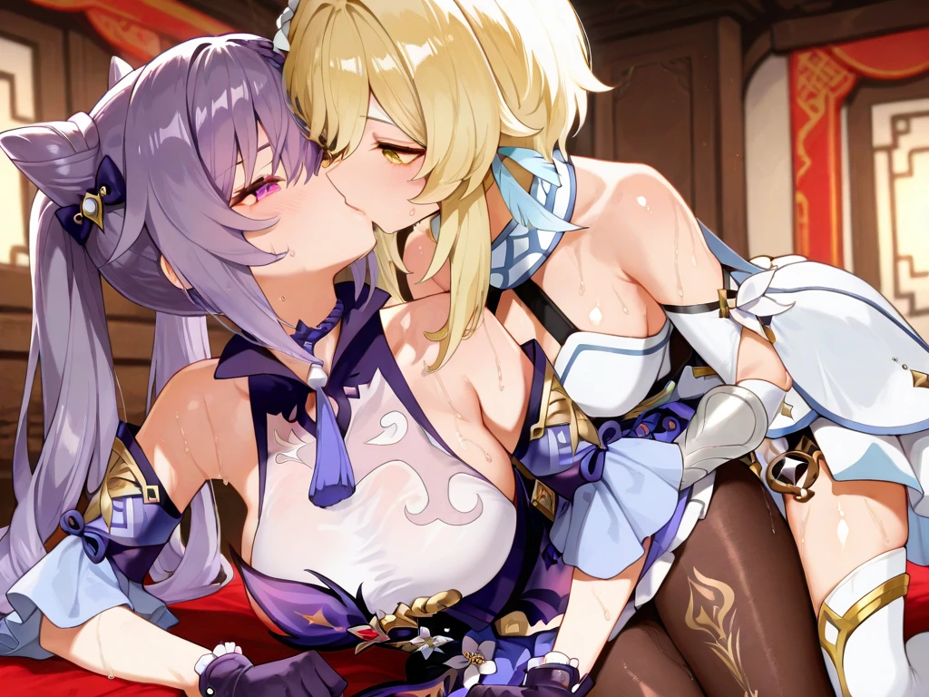 anime scene, 2 girls kissing (lesbian kissing), princess Zelda, hugging, touching each other, big breasts, big butt, revealing blue dress, on water, cityscape view, evening,sunset,