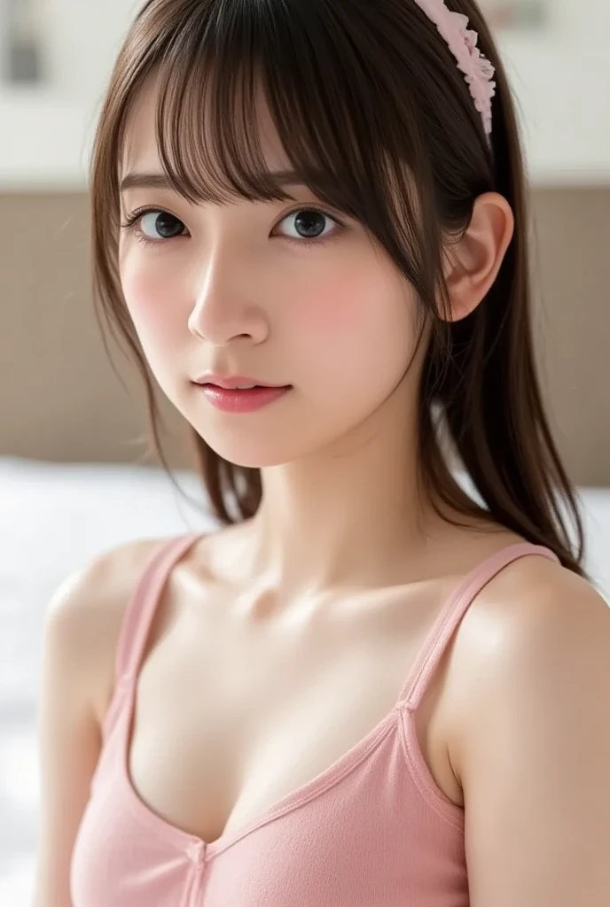 ((Top image quality、8K、​masterpiece：1.3))、Realistic high-quality photos、top-quality、girl cute-fine face、13 years old beautiful Japan girl、Photo of slim little girl model、Beautiful girl model、young japanese girl、Young cute face、japanaese girl、13-year-old female model、Beautiful Model Girl、The innocent look of the girl next door、lovely delicate face、Brown hair、Beautiful brown eyes、Tear bag、drooing eyes、young body、((Revealing pink bikini))