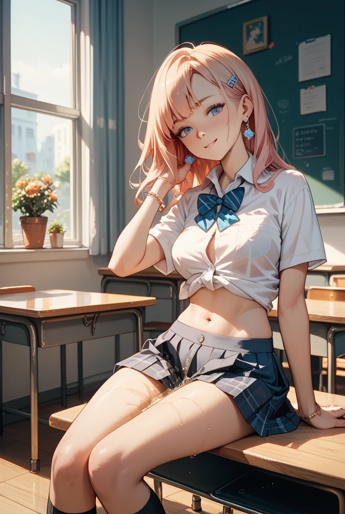 (Best Quality, 4K, 8K, hight resolution, masutepiece:1.2), Pink hair、bobhair、her breasts are beautiful and big。Spread your legs apart on a single chair and put your butt on the stand.。facing front。The most beautiful pubic area with hair is opened using hands。My clothes include my school tie and Y-shirt with a few buttons undone.。Yellow panties。