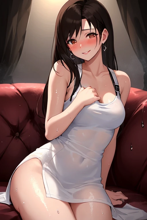 sexy dog girl, nsfw, ((dog collar)), ((dog ears)), ((wagging dog tail)), extremely excited and happy expression, drooling, sitting inside a cozy room (dynamic lighting), (((provocative pose))), small breasts, wearing tight shorts, see-through white crop top (loose), nipples, sweating, (((steamy atmosphere))), 8k, UHD, masterpiece, vibrant colors, intricate background, warm atmosphere, light streaming through windows