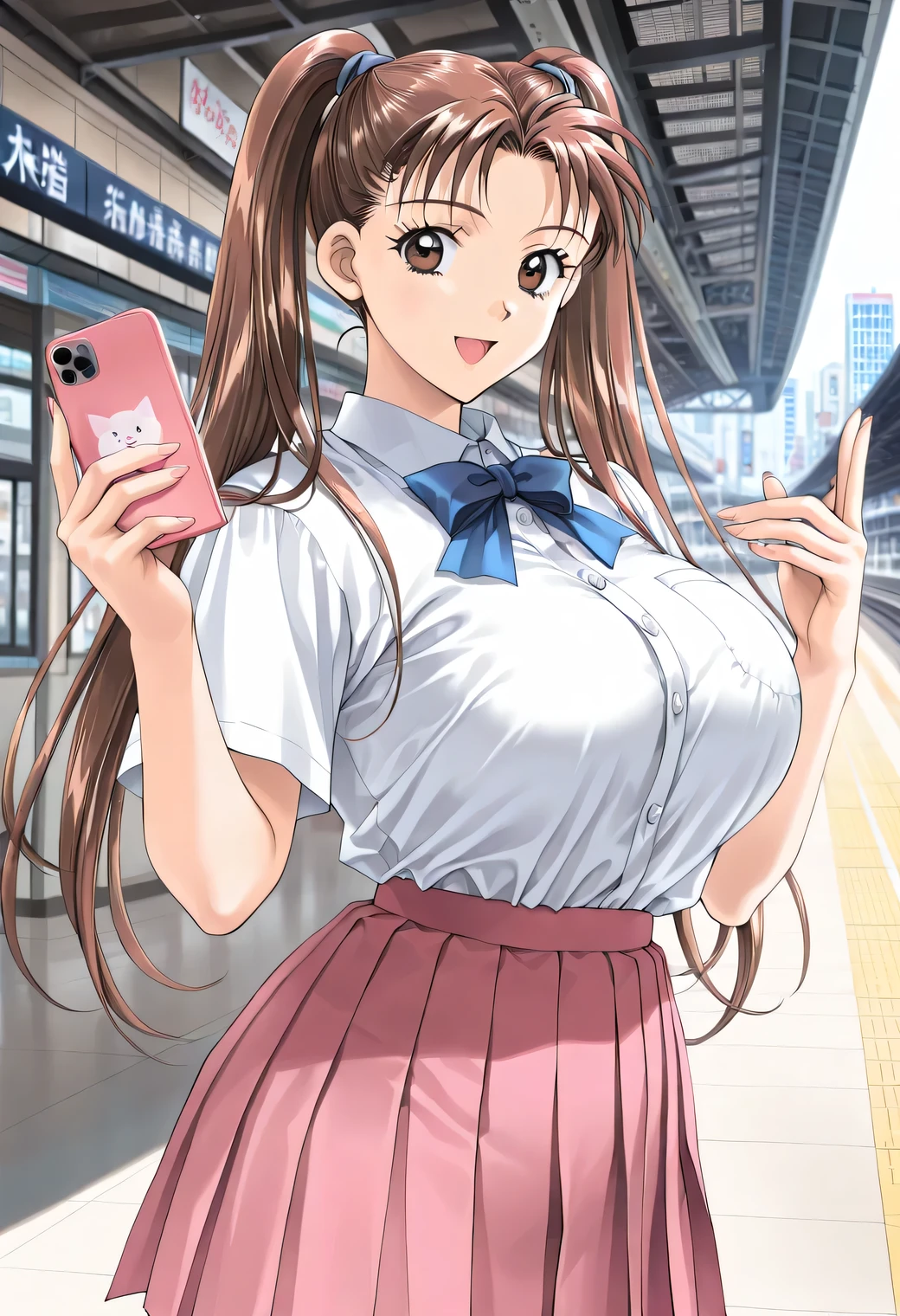 masterpiece, newest, lively, very aesthetic, High Contrast, mature woman,solo,((KanouRyouko, twintails, brown hair, long hair, brown eyes)),((school uniform,white shirt,blue ribbon,pink pleated skirt)), ((Big Breasts:1.4)), (smile,open mouth),(( Tokyo ,station,indoor,Detailed Background)),(( holding a smartphone)),((Look viewers,Wave one hand)),Highest Quality, semi-realistic, Cowboy Shots,kadoi aya style, Fullmetal Alchemist anime style, ((Look viewers)),clips dialog