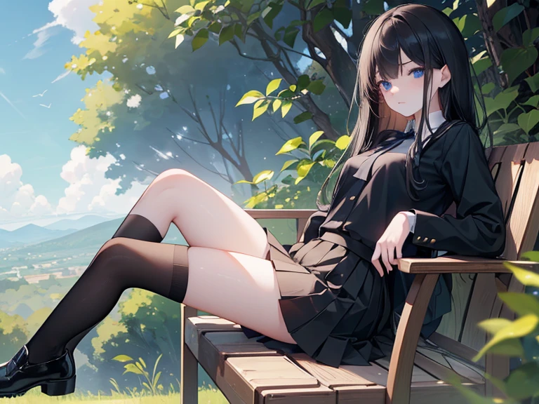 High resolution, (Head to Toe full body), front, frontComposition from slightly below, Symmetric, Tall 18 year old girl, alone, (Head to Toe), (Small breasts), Black Hair, (black tights), (Black Pantyhose), (Sit with your legs apart), (Crouching pose), ( (Sit on a bench with your legs spread), (M-shaped feet), Thin legs, Very beautiful tall 18 year old girl, , smile、 Looking into the camera, (I'm not wearing shoes)(Shoes rolling around at your feet)business suit、Jacket、White shirt、Knee-length skirt、
