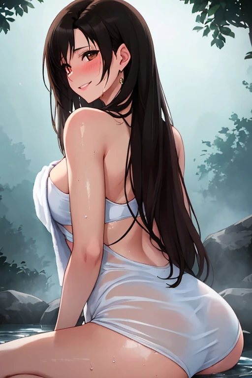 (masterpiece), best quality, ultra-detailed, high resolution, extremely detailed cg,1girl In The Lake,Solo,large breasts,((Black hair)),long hair,blue eyes,Japane Girl,((looking_back,from_behind,)),whole body,((nipples,topless,Hip,White Fundoshi)),waterfall,Blash,embarrassed,((arms behind back,))
