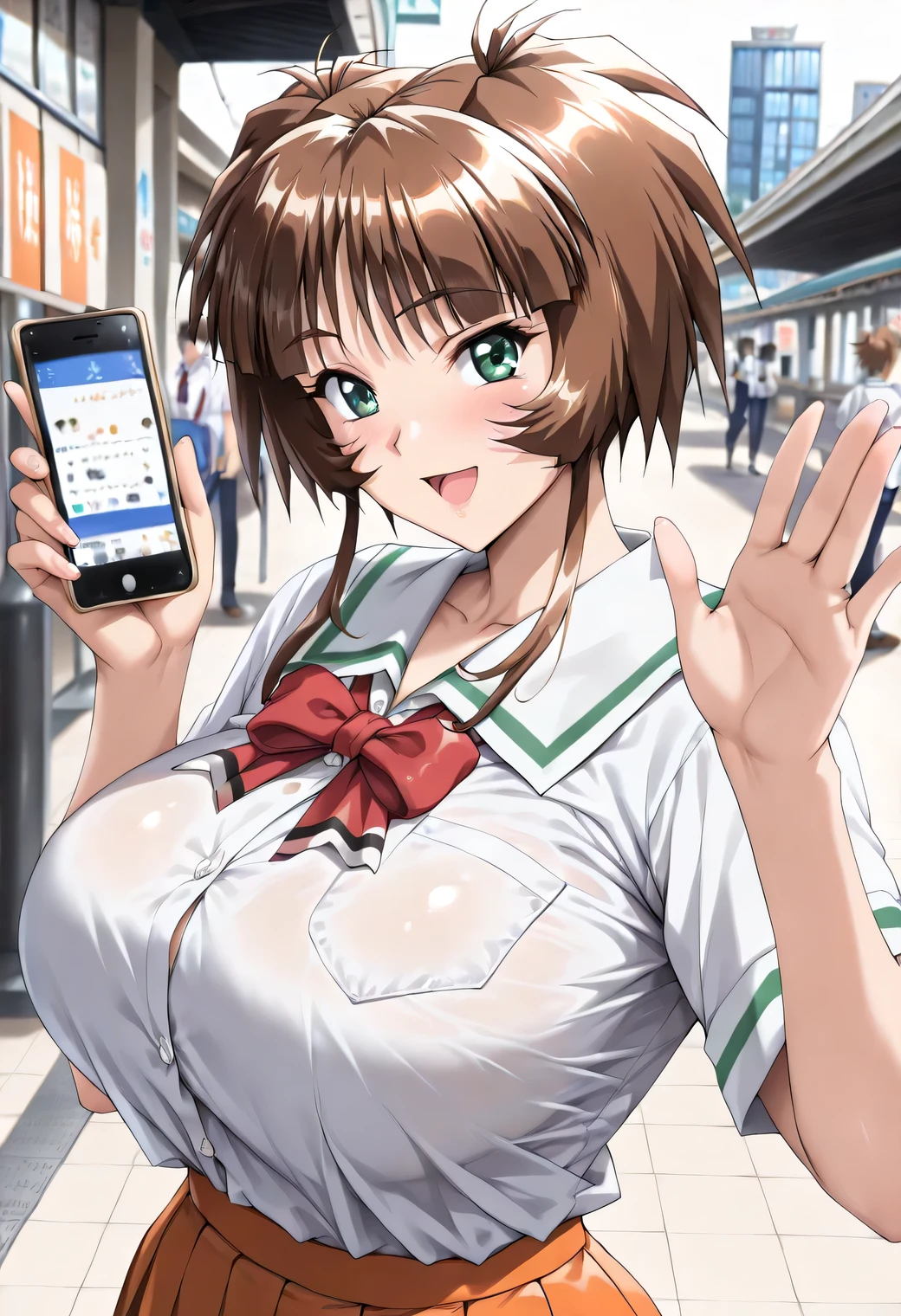 masterpiece, newest, lively, very aesthetic, High Contrast, mature woman,solo.((Ichimonji_Akane(Tokimeki_Memorial2),1girl, solo, brown hair, green eyes, short hair, huge breasts, bangs, shiny hair, sidelocks)),((school uniform,white shirt,Red Ribbon,orange pleated skirt)), (smile,open mouth),(( Tokyo ,station,indoor,Detailed Background)),(( holding a smartphone)),((Look viewers,waving hands)),Highest Quality, semi-realistic, Fullmetal Alchemist anime style, ((Look viewers)), clips dialog