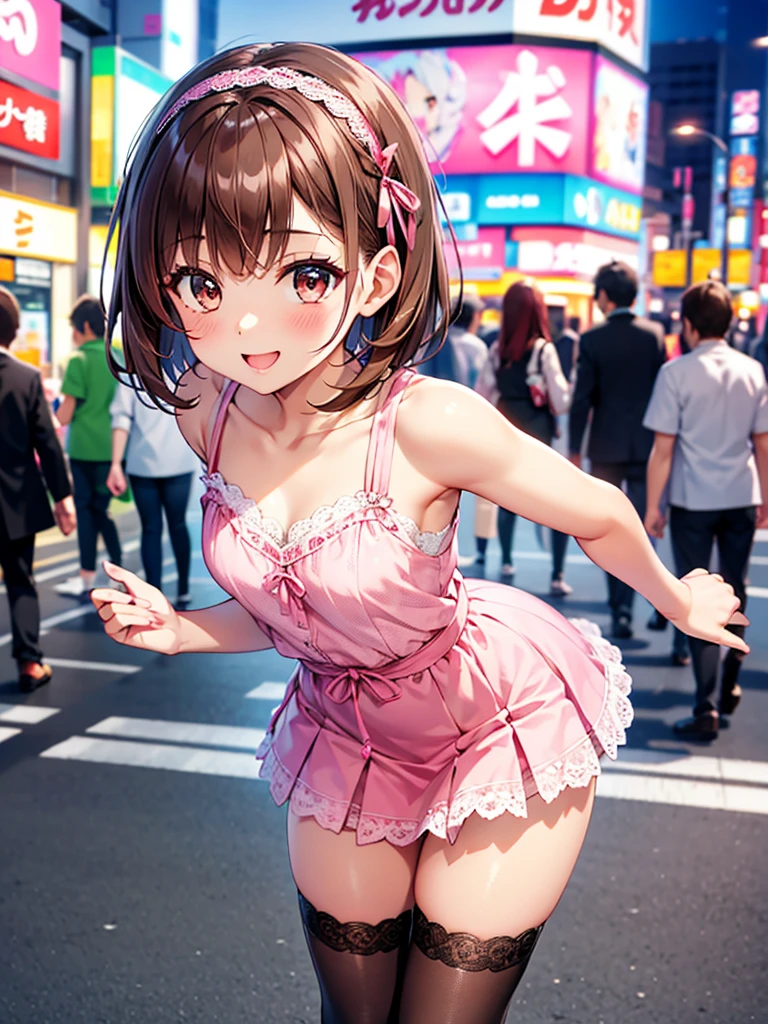 smile, (40yo:1.8), Anime style illustration of a housewife with brown hair in twin tails tied with pink ribbons, wearing a metallic bikini, and platform boots. She has large earrings and multiple bracelets, sparkling in the sunlight. Her expression is more distinctly cute and slightly emotional. The background is the busy Shibuya Scramble Crossing during a sunny day, with active people and colorful advertising boards, conveying urban vigor and energy.