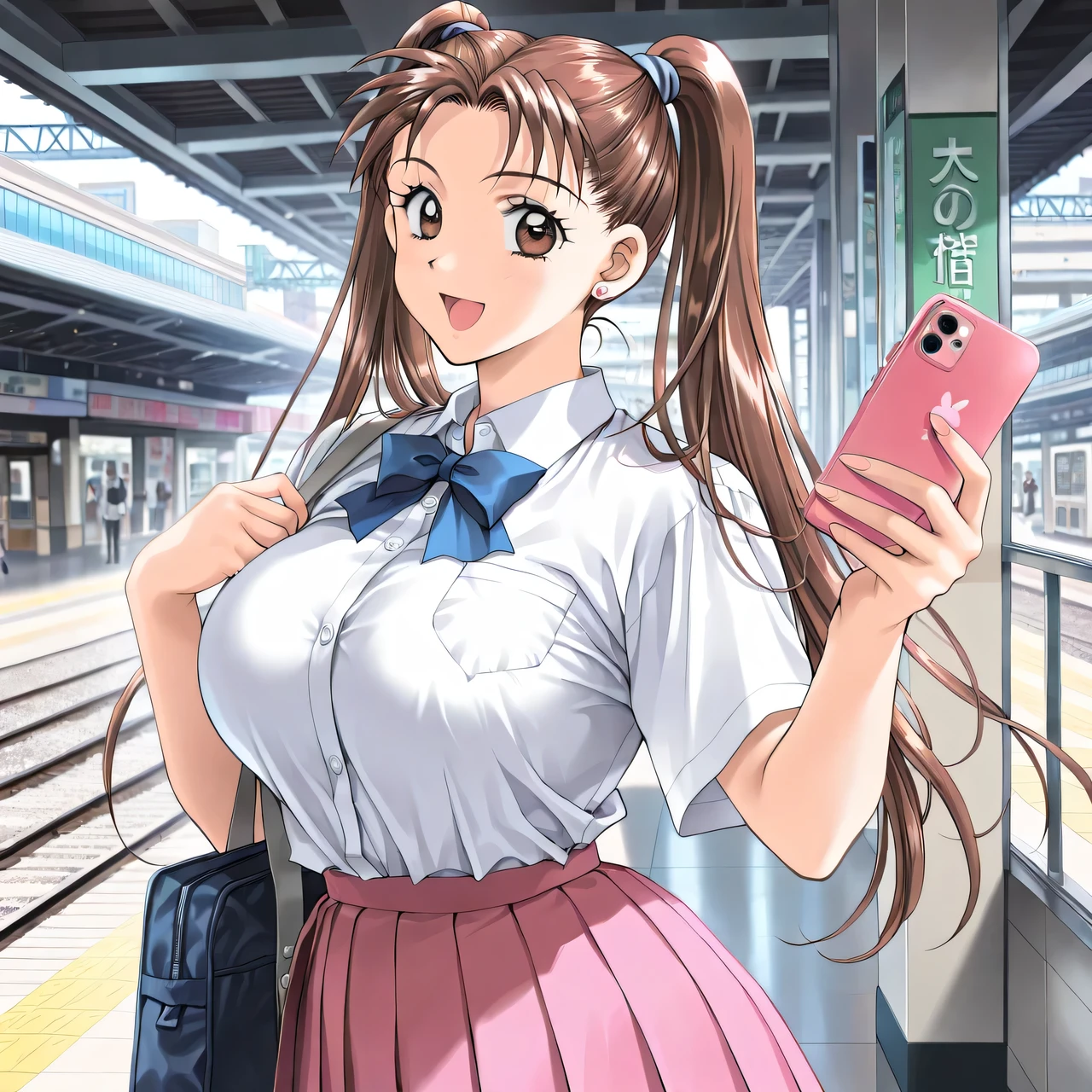 masterpiece, newest, lively, very aesthetic, High Contrast, mature woman,solo,((KanouRyouko, twintails, brown hair, long hair, brown eyes)),((school uniform,white shirt,blue ribbon,pink pleated skirt)), ((Big Breasts:1.4)), (smile,open mouth),(( Tokyo ,station,indoor,Detailed Background)),(( holding a smartphone)),((Look viewers,Wave one hand)),Highest Quality, semi-realistic, Cowboy Shots,kadoi aya style, Fullmetal Alchemist anime style, ((Look viewers)),clips dialog