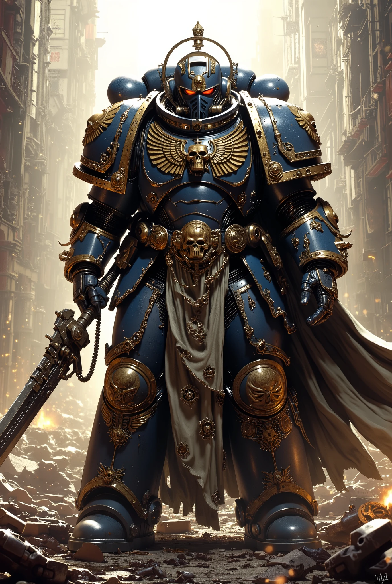 The hyper detail, fighting stance, Greek style Astartes, armed supperhero, the astartes Batman with metallic, Strengthen Warhammer 40k space marine inspired power armor, the cloak, the face mask, golden emblem on chest, detail decoration chain sword, the metal annulus with ray behind head. standing on the street in chaos dystopian city background at dawn. His helmet is marked with runes, chain sword hangs on hand, glowing faintly with enchanted, golden runes. detail background, straight on angle shot, Full body shot, closed-up, ultra-realistic 32k resolution, official art styled digital painting, intricate armor engravings catching realistic lighting, film grain texture overlay, reversal film effect, high quality, detailed realistic background with scattered futuristic debris, shadowed craters, misty atmosphere, cinematic.