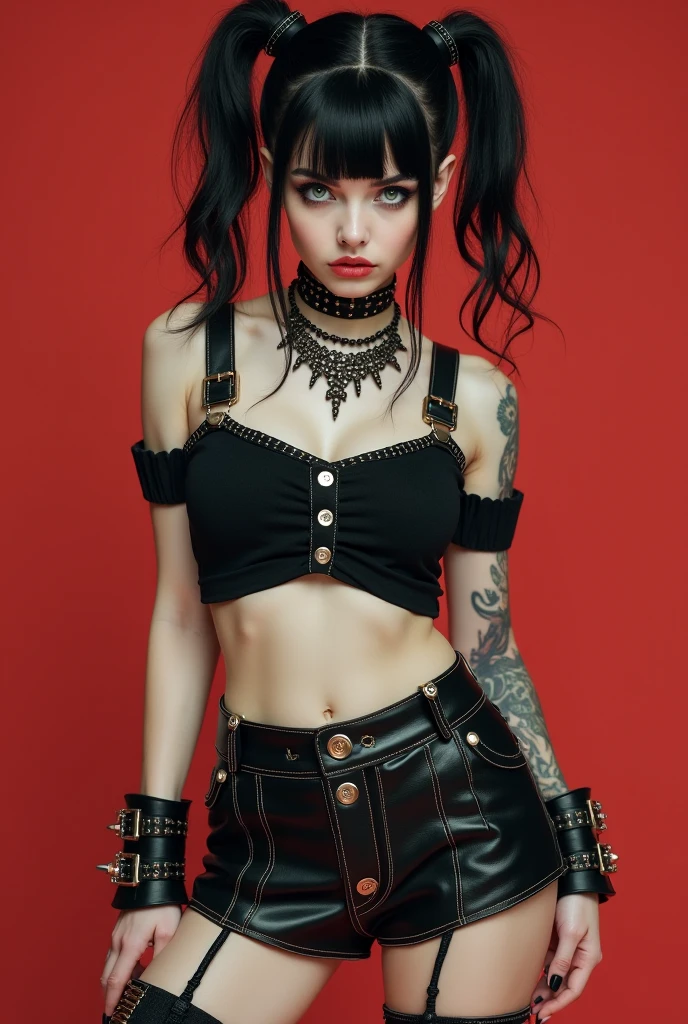 A goth 22 year old woman with pale skin and red lips. She’s wearing a tight halter top styled crop top showing her huge chest and flat stomach. She has black distressed jeans with different chains attached. She’s bored at a bar