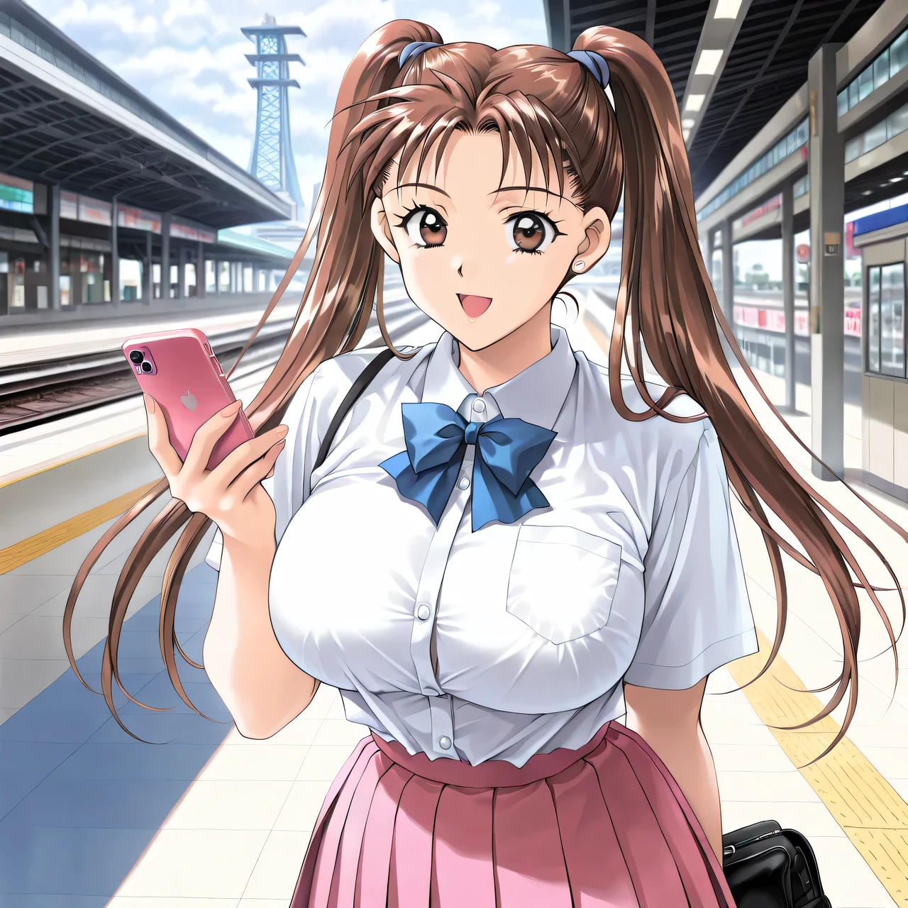masterpiece, newest, lively, very aesthetic, High Contrast, mature woman,solo,((KanouRyouko, twintails, brown hair, long hair, brown eyes)),((school uniform,white shirt,blue ribbon,pink pleated skirt)), ((Big Breasts:1.4)), (smile,open mouth),(( Tokyo ,station,indoor,Detailed Background)),(( holding a smartphone)),((Look viewers,Wave one hand)),Highest Quality, semi-realistic, Cowboy Shots,kadoi aya style, Fullmetal Alchemist anime style, ((Look viewers))