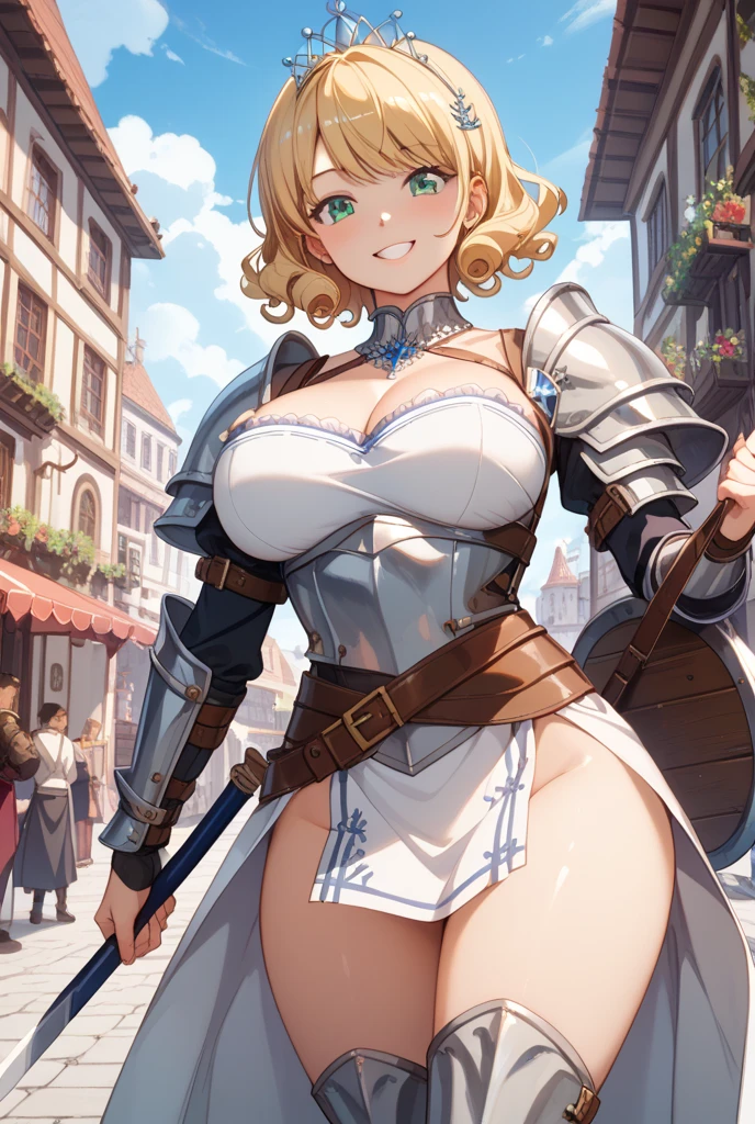 "(masterpiece:1.1), best quality,
1girl, (80s anime style:1.4), (eyelashes:1.5),
(intricate high detailed body:1.2),
blonde hair,
(hair over one eye:1.1),(short hair, twin bun:1.1), (holy hat:1.2),
blue eyes, (gothic makeup, red lip stick, eye shadow:1.1),
(curvy body:1.2), (gigantic breasts:1.5),
light smile,
(fishnet leotard armor, cleavage cutout:1.2),
(knight armor, armored boots:1.2), (frill:1.1), (earrings:1.1), necklace,
standing, crossed arms,
(upper body, looking at viewer, from front:1.1),
(daytime, grassland, outdoors:1.1)"