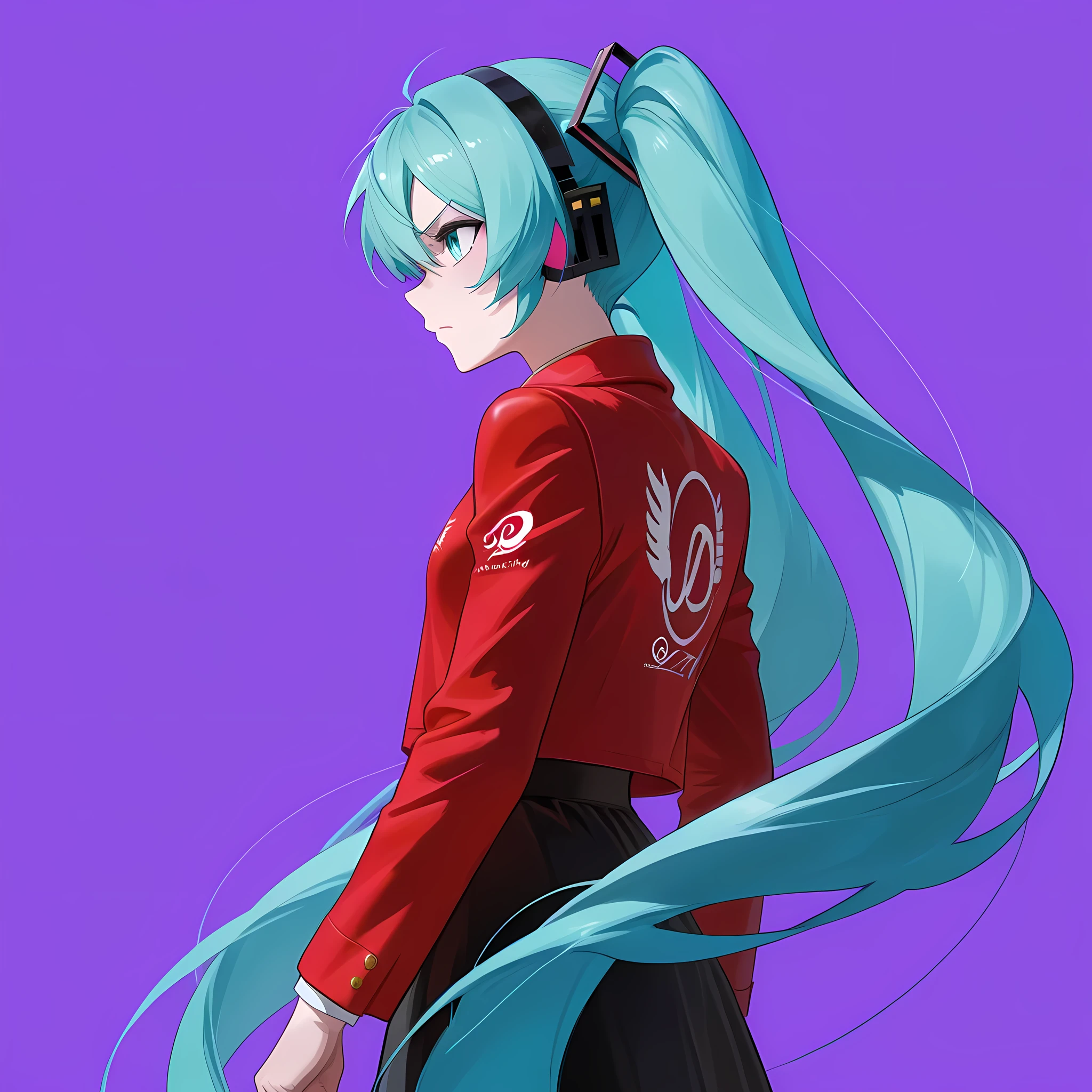 logo musical album of Hatsune Miku with black polo, black skirt, with red Formula 1 jacket, with a serious expression, different side view, purple background