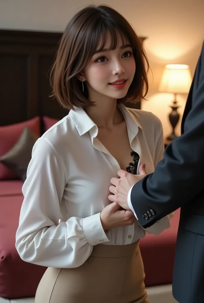 masterpiece、highest quality、Man Attacking、Woman in cafe riding man、Highly detailed CG Unity 8k 、超A high resolution、（Photorealistic：1.4）、（Platinum Short Hair：0.8）、（Puffy eyes）、Looking at the audience、Laughter、jk skirt、White Dress、Shirt lift、Brown hair with wavy ends、A man holds a woman&#39;s breast with his hands、A man strokes a woman&#39;s crotch with his hand