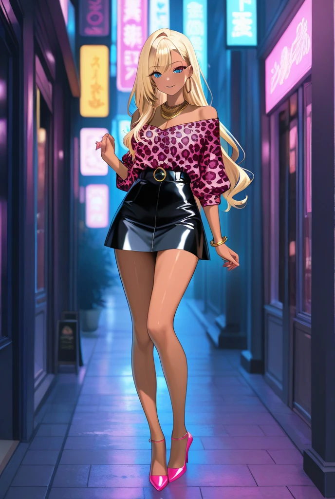 1 girl, tanned_skin, platinum blonde wavy long hair, large ass, wearing a pink summer dress, full lips, pretty long eyelashes, pretty eyebrows, soft looking skin, wearing one black velvet choker around her neck, night, neon light, masterpiece, wearing diamond earrings, showing her ass at the camera, ((blue eyes)), bending_forward