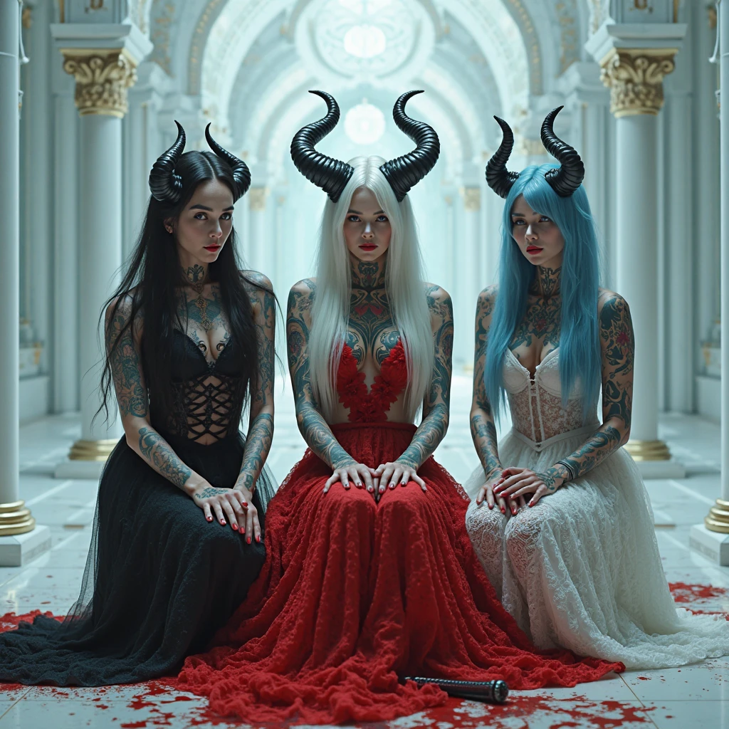 Queen succubus with highly detailed face and his sexy wives with perfect and detailed bodies and faces, Gothic style throne room, candelabra, candles, skulls, , micro detail, 8 K, hyper detailed, full body, volume lighting, raytracing, vivid colors, depth of field, sharp focus, detailed photograph, , portrait, highly detailed, beautiful, HD, demon succubus, standing around, fix the eyes