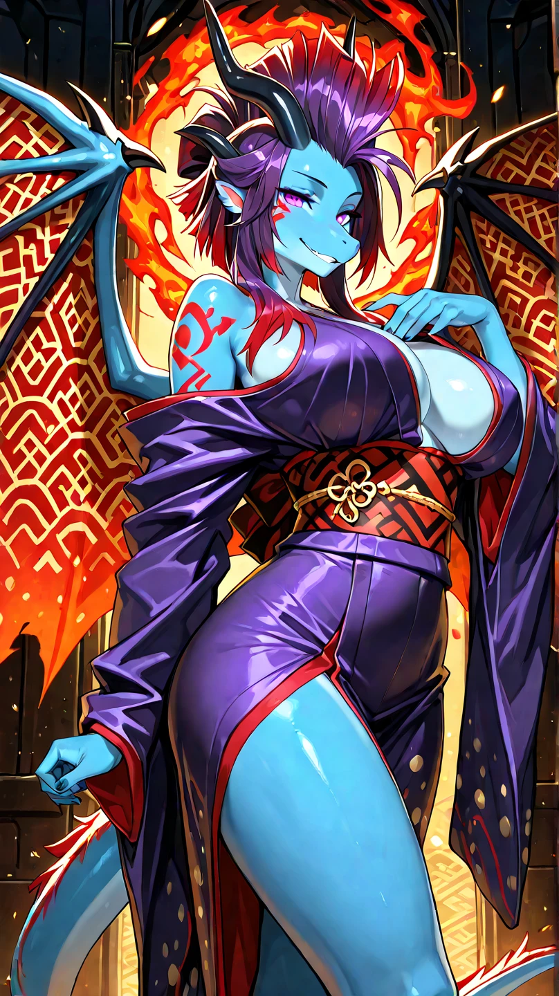 Shuten Douji, bob cut hair, arms up, (colored skin, red skin:1.2), olhos amarelos, sozinho, Presas afiadas, delineador, chifres de oni, corada, cabelo roxo, 1Menina, medium breasts, tatuagem, One-piece high cut micro swinsuit, Olhando para o espectador, maquiagem, umbigo, boca aberta, fundo gradiente, sentada na poltrona, pernas abertas, virilha exposta, cameltoe, corpo inteiro,