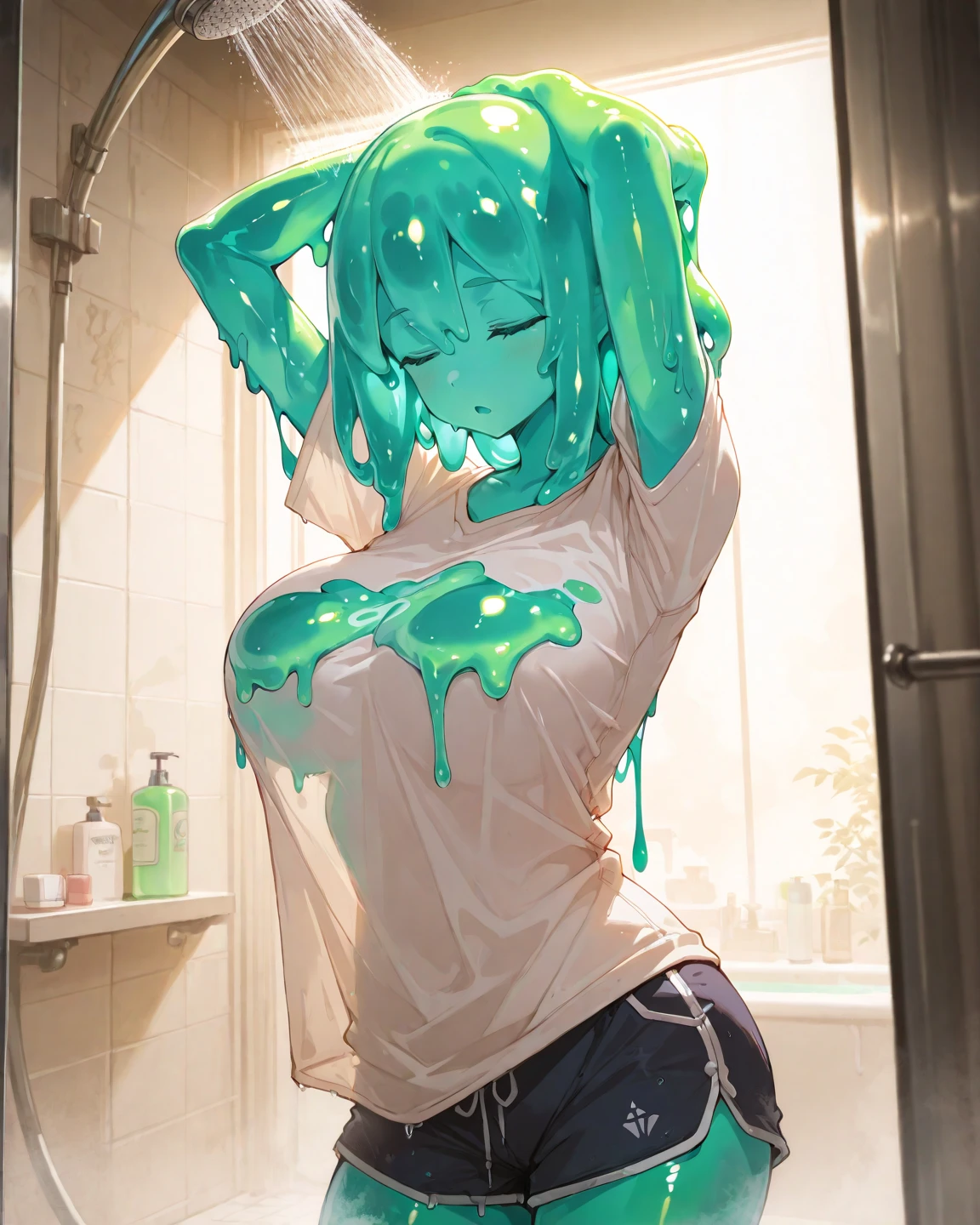 artwork, Attention to details, beautiful sporty girl, big breasts, long green hair and purple eyes, blue sports shirt with number 5, serious face blushing, bare legs, black panties, whole body, barefoot, trapped inside a transparent glass jar, waxed inside, inside the jar, whole body en el frasco, sentada inside the jar, barefoot, trapped in the jar. She and the bottle stained with milk