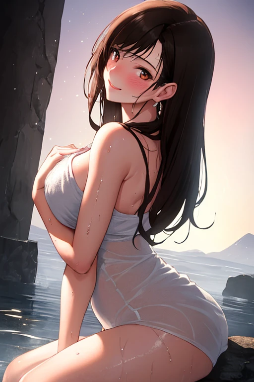 (Masterpiece, highest quality, in 8K, 32K, masterpiece, hehehe, super A high resolution, impressionist, photorealistic: 1.2), (A bright smile), ((completely naked)),((full nude)),(smooth skin),(cowboy shot, detailed face and eyes, ((droopy eyes)), (very young face),beautiful face, blur background, glowing skin,((closed mouth)),((slightly large breasts)),(erect nipples),((clear pussy line)) ,realistic student, beautiful face, blurred background, 18 year old beautiful girl, glowing skin, white scrunchie, side ponytail, black and beautiful hair, thighs thighs thighs, curves, sexy pose, ((dark brown eyes)), I'm in a hurry, very blushing, sweating, Seductive thighs, Soft body, big butt, 20 years old beautiful woman, blushing, black hair with a slight hint of brown, side ponytail, ((white scrunchie)), dark brown eyes, skin wet wit, sunset, happily running around on the sea surface, horizon