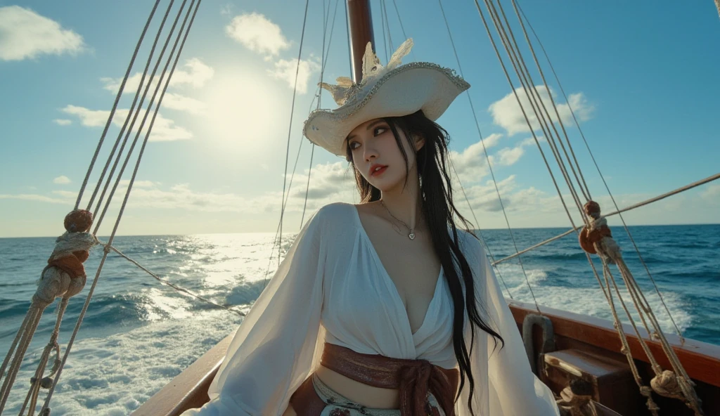 female cat furry, fantasy medieval pirate, saber in a hand, bandana, pirate hat, cocked hat, on a ship, sails, ocean and sky on background, only character, correct female anatomy, beautiful woman anthro, cat head, furry art by greg rutkowski, digital art by artgerm, detailed art, masterpiece, digital painting, correct anatomy