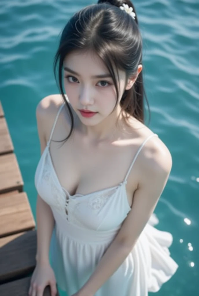 (Name: Reina Parker a plane crash survivor Girl), Cleavage, On An Empty Boat View to the sea, Ripped Shirt, Beautiful, Smooth and shine Skin,Pretty Face, Perfect Beautiful Eyes 1.2 , Detailed Face and Hands, Scared Face