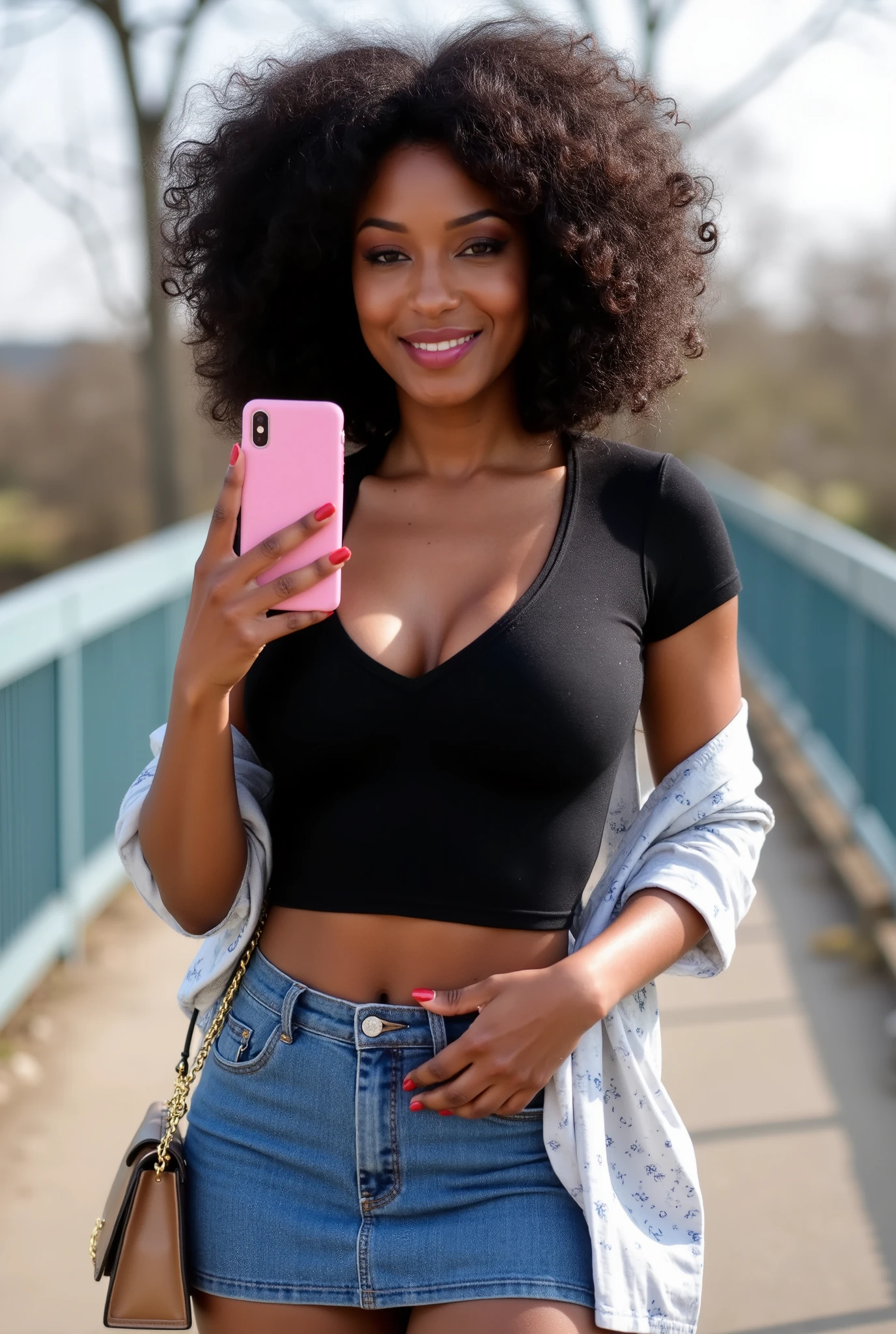 (masterpiece, better quality:1.2)Full body , A beautiful 19 year old black girl. The dark haired girl with soft, wavy hair and brown eyes, nice round breasts, flat toned stomach , fantastic legs. standing on a pedestrian bridge holding her phone for a selfie, on a bright April morning. sHe wears a tight black crop v-neck t-shirt tight and an open light white flowered no-tuck shirt, denim miniskirt casual but cute. Her hand holding the cell phone is visible with Bright red long fingernails. natural light illuminating her face with a warm glow. Holds her pink cased phone with one hand, smiling s at the camera with relaxation, fresh expression. Ysl purse over her shoulder. The background shows subtle hints of trees and spring greenery. Her skin is flawless and radiant in natural light. type, high-resolution selfie lift, captured with a smartphone camera, fashion portrait, natural shadows and lights, sharp focus on her face, slightly blurred background for depth.