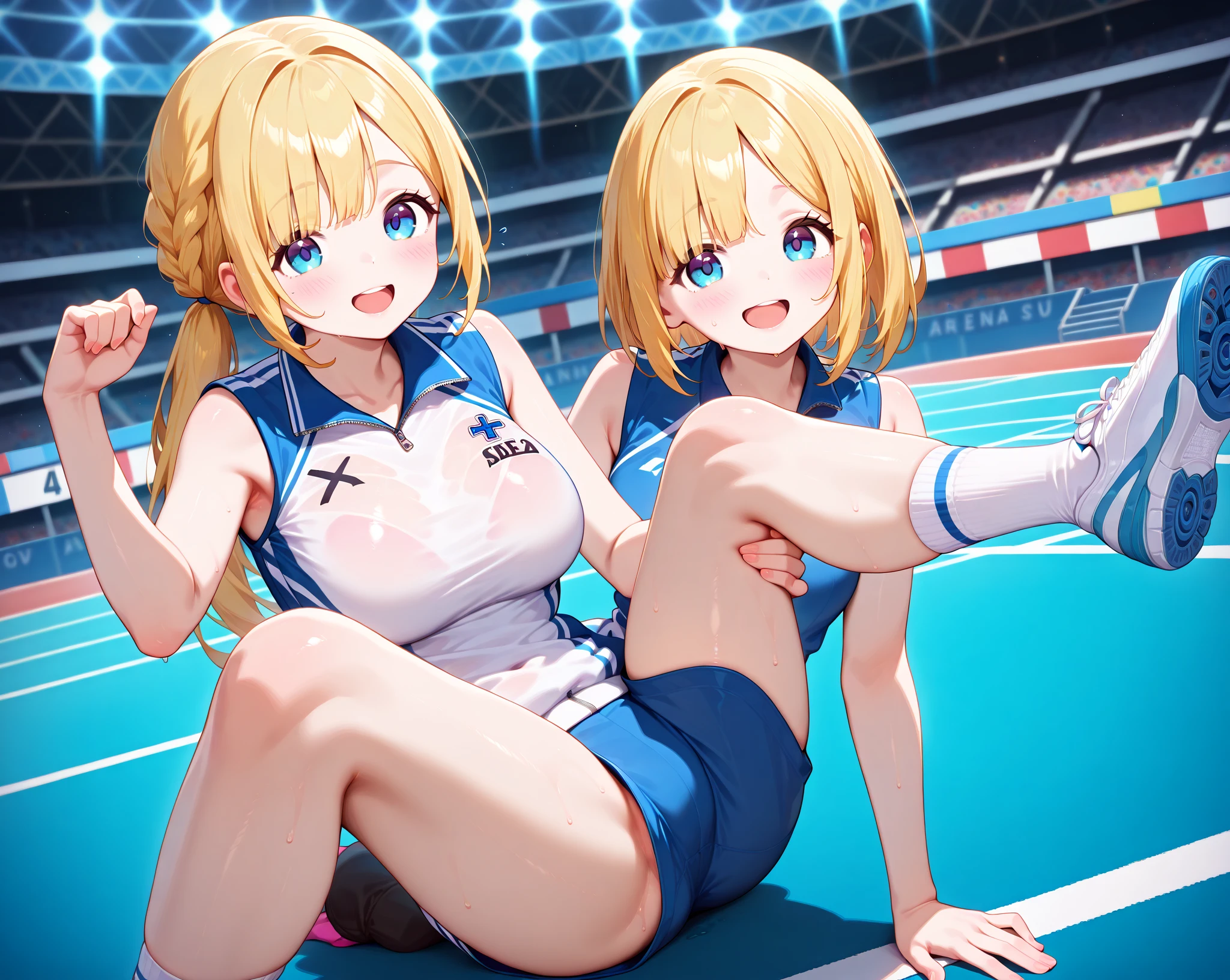 ((highest quality)), ((masterpiece)), (detailed), Perfect Face、5th grade elementary school、10 years old、Flat Chest、（（Anus is visible））、blush、bottom less、topless、Grinning face、Spread your legs、Twin tails、Cheerleader