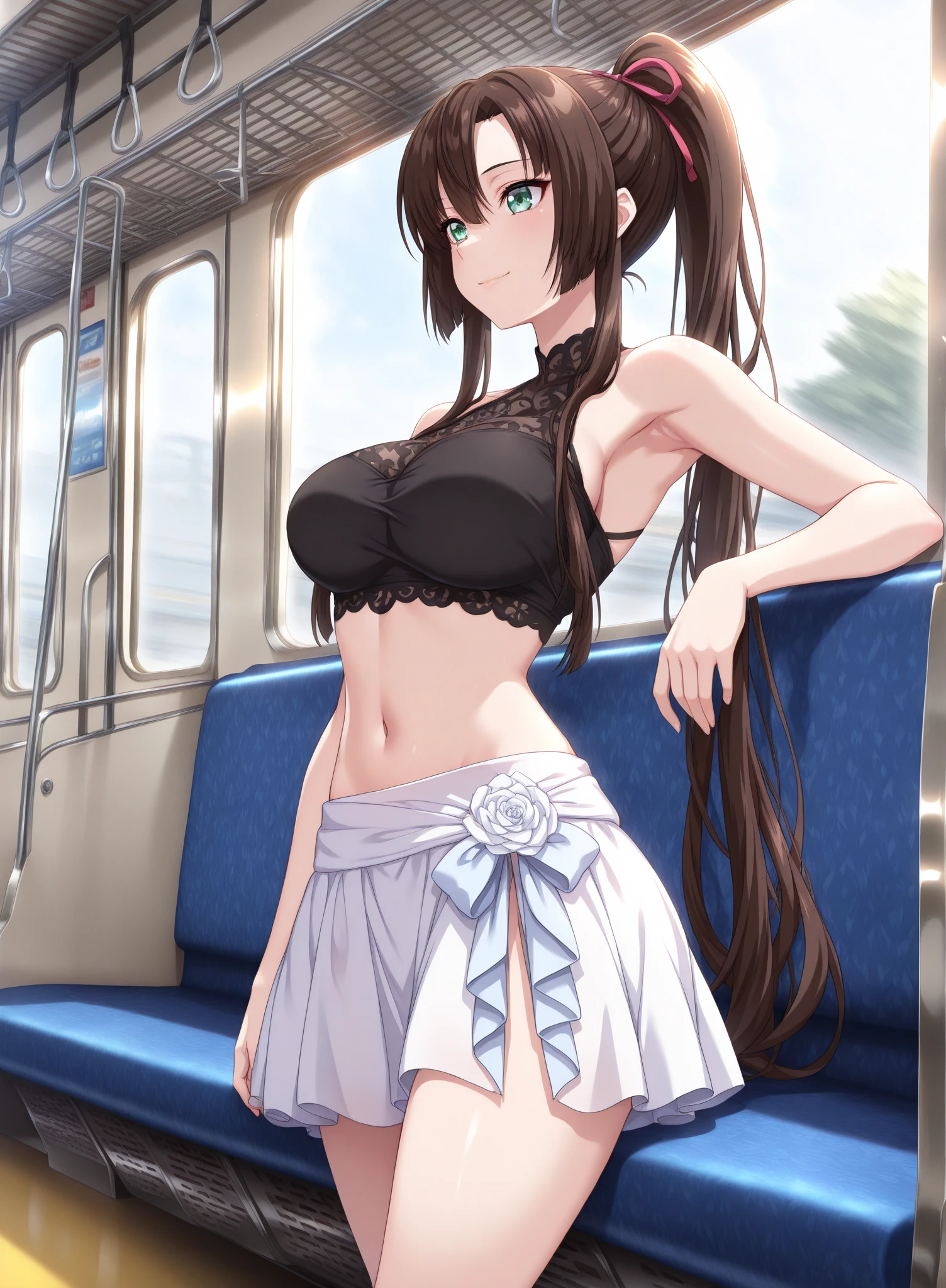 High resolution,masterpiece, highest quality, Kuo Shenlin , heterochromia , Brown hair, smiling , (((nsfw))) , (((busty))),1girl, sensual body, Her cheeks flushed, vaginal secretions , garter belt ,white tights ,   train