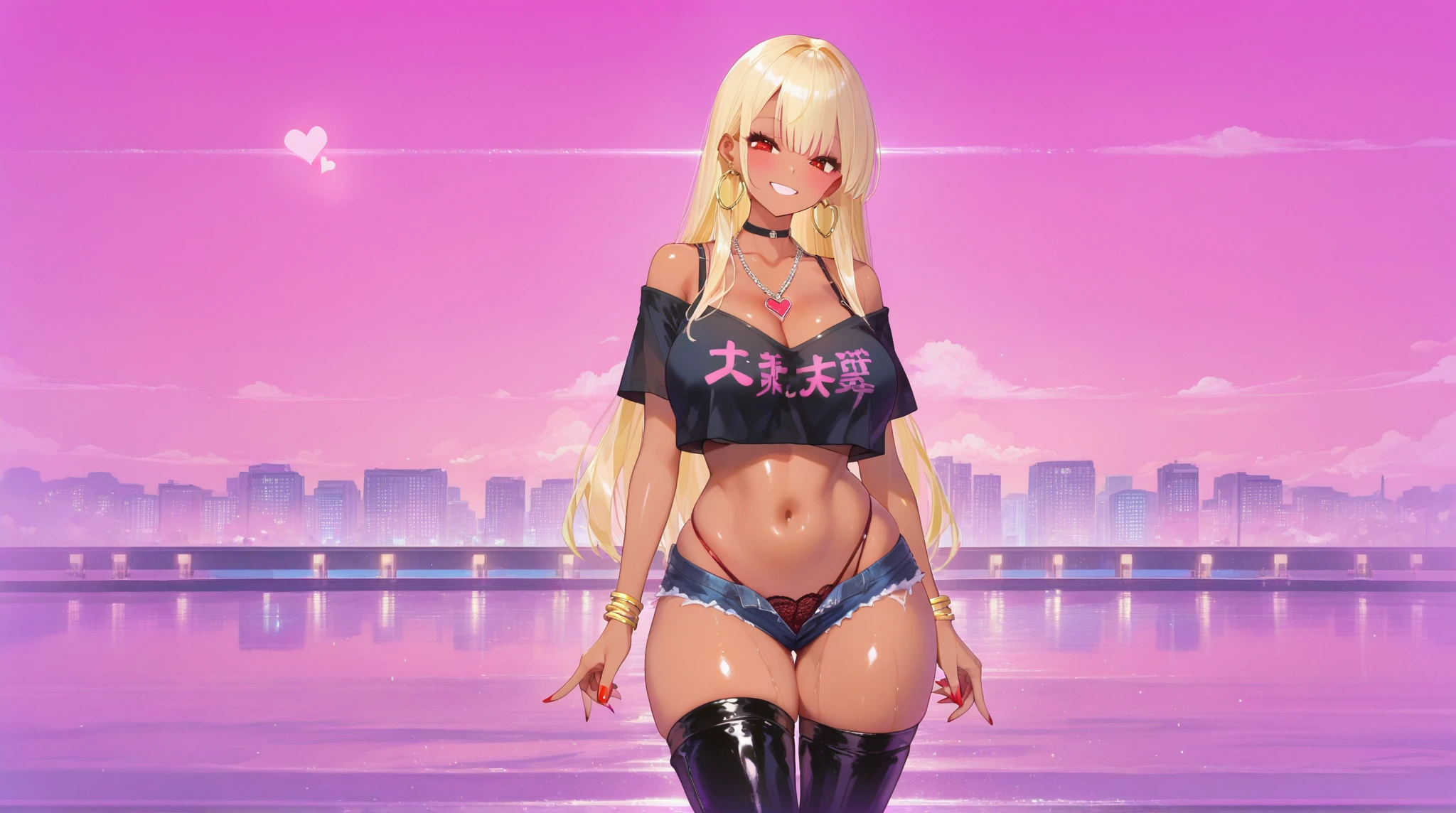 1girl, (((bimbo))),hoop earrings, puffy lips, painted lips, thick lips.
Blonde hair, short twintails, grumpy, wide hips, thick thighs, perky breasts, bursting breasts, Nightlife, Night city, Cyberpunk city, futuristic cityscape. Neon lights, (skyscraper:1.1), Tokyo tower, palm tree, cloth sign, ramen stall, night club. bright city lights, exotic car. alcohol, bar, ramen, soup stall ,alcohol bottles, stomach blush, overflowing breasts, rounded stomach, pubic tattoo, word underbelly tattoo, cameltoe, gym shorts, sexy dolphin shorts, low hanging shorts, slutty yellow jacket, vagina liquid running down between thighs, no panties, pussy juice in between thighs, legs slightly apart, ruler tattoo, ruler tattoo with heart on top, pussy peek