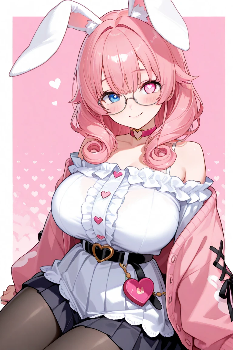 IMVU, pink hair, pink heart eyes, white round glasses, pale skin, white and pink cow ears, white horns with pink bows, fuzzy white jacket with pink spots, pink cowbell choker, kawaii, soft, high quality, masterpiece, 8k