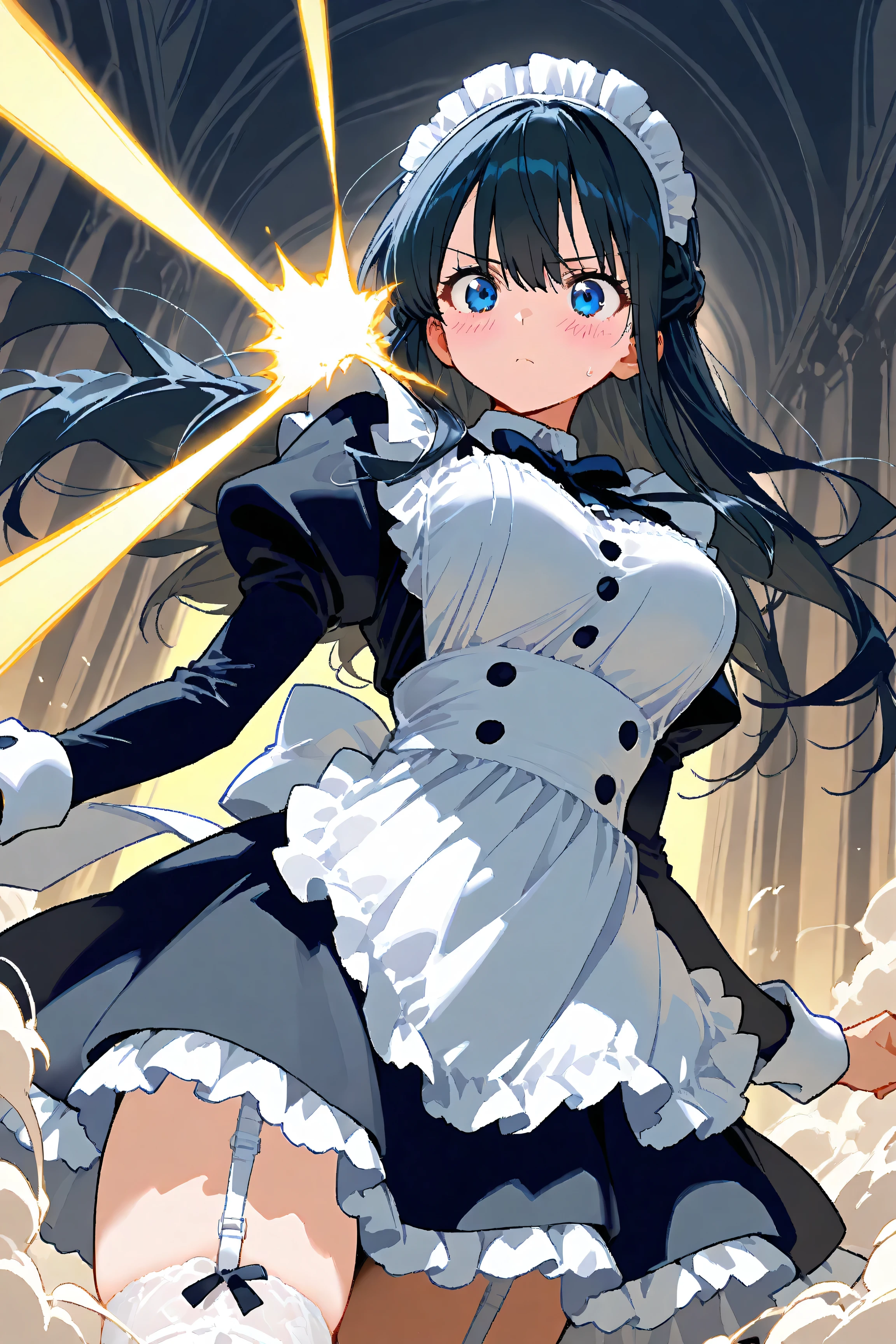 Beautiful girl，Wearing maid outfit，Detailed white（White in red）。Wear shoes。A bottom-up perspective。Action settings：Carrying plates