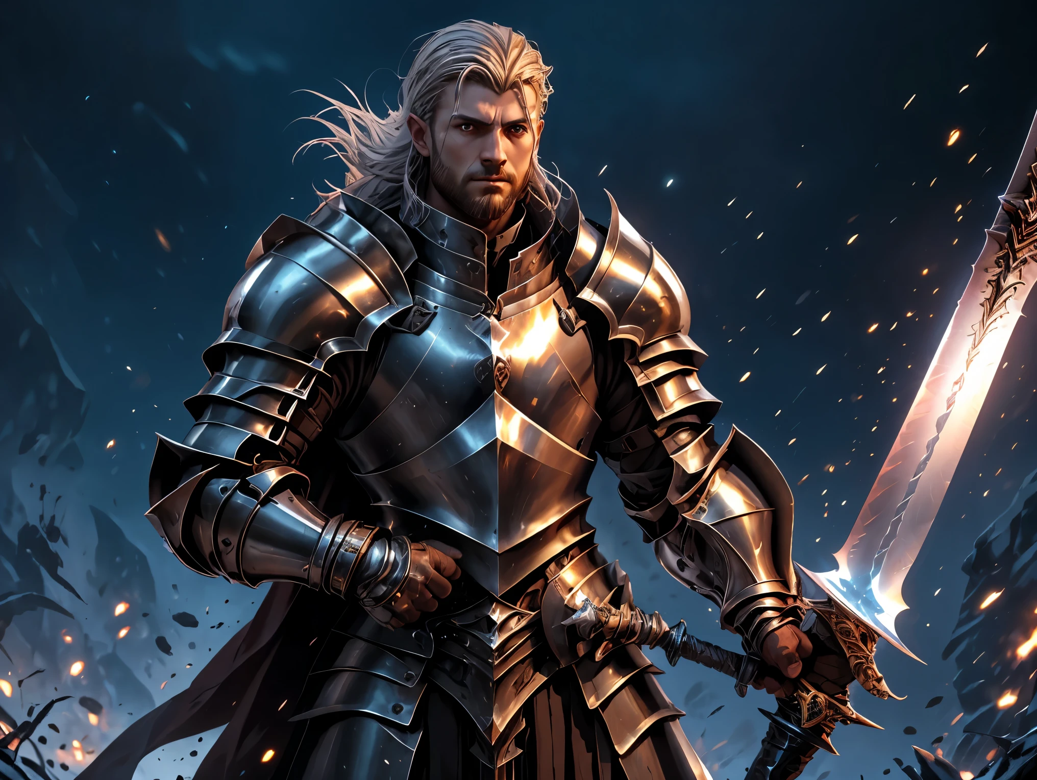 ((best quality)), ((masterpiece)), (detailed), perfect face, Western-style knight, metal armor, intricately decorated weapons featured in games, sword, male, medium hair, silver hair, metal gauntlets, In ices, brizzard, on the Battlefield, Fantasy novel protagonist, hero, to hold a weapon, to wield a weapon(A sword with a blade length of 1 meter and a handle of 20 centimeters)