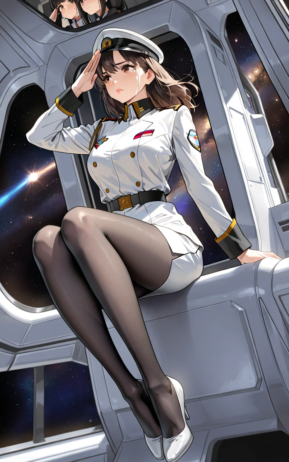 masterpiece, Highest quality, High resolution, Ramius 1, One girl, alone, (black_pantyhose:1.1), army uniform, army, compensate, White shirt,  White Skirt, Tight Skirt, Sitting, Upper Body, cockpit, space, Open your mouth,Fully nude