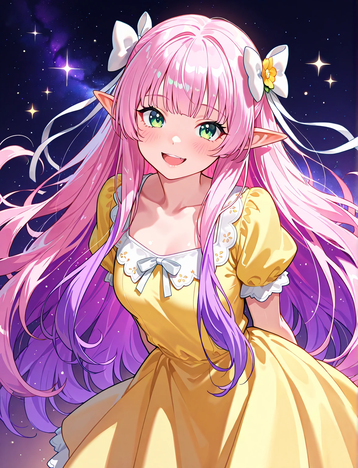 best quality, (masterpiece),(ultra-detailed), (high quality), (high resolution),<lora:add_detail:0.7> , <lora:Emberlith2:0.7>,emberlith, long hair, hair ornament, purple hair, multicolored hair, star (symbol), purple eyes, gradient hair, horns, heterochromia, pointy ears, braid, pink hair