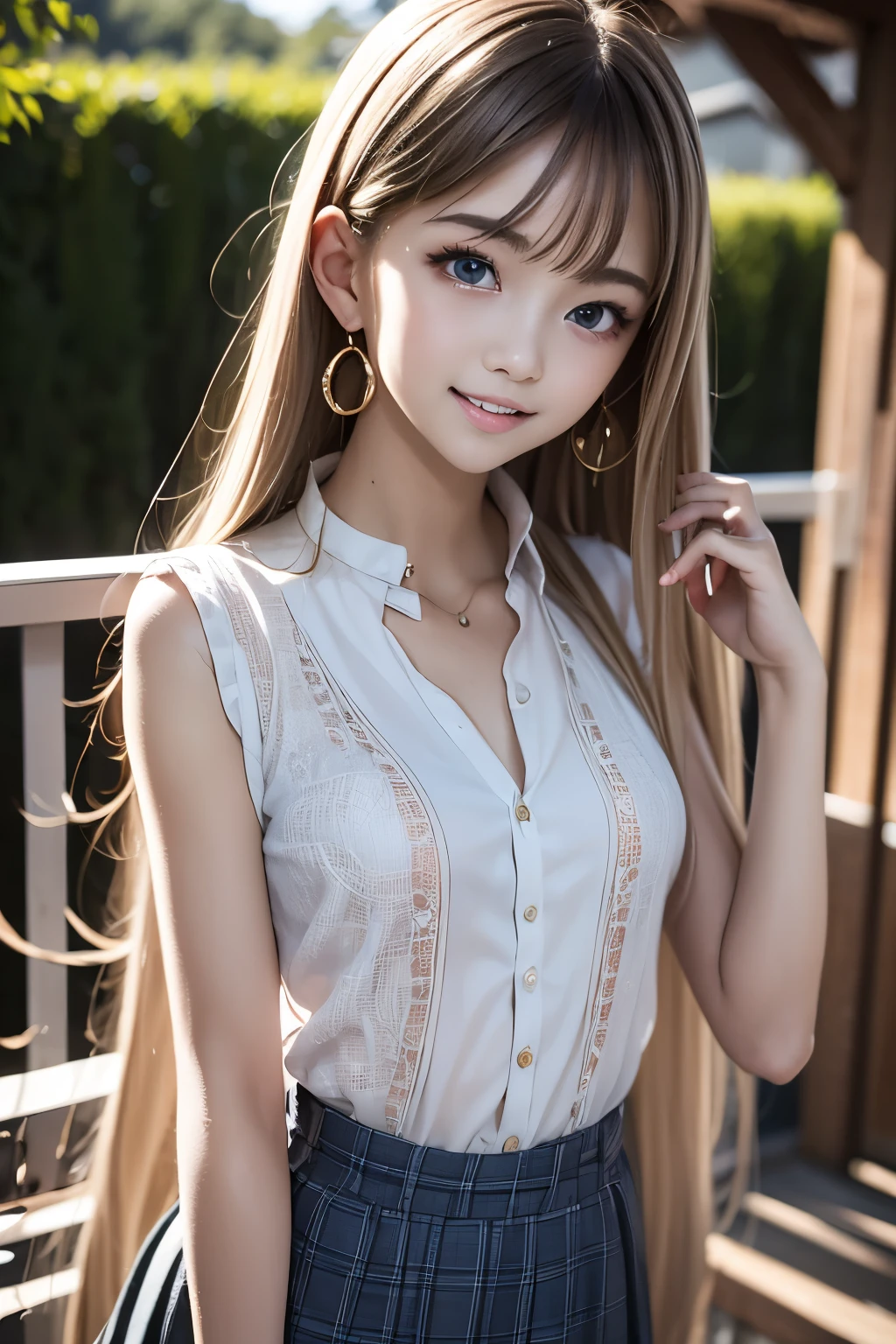 Best Pixels、Highest quality、Highest quality、One Woman、Young Japanese Woman、20th Generation、Long Hair、blonde、blonde、summer、mini skirt、Tight Skirt、Sexy pose、Beautiful round eyes、smile、beauty、Large Breasts、Brushing your hair、Beautiful legs、Squat down and spread your legs、I can see your panties