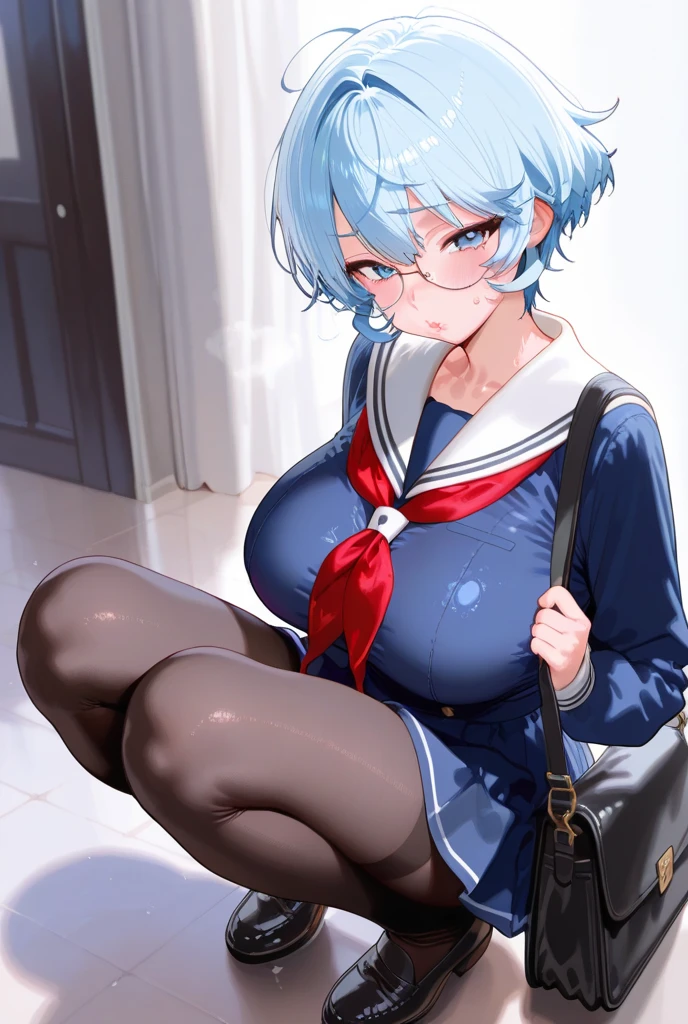 (masterpiece, best quality:1.2), (illustration), (perfect details, highest detailed, extreme detailed), dramatic light, (AmiMizuno:1.3), (sailor mercury, neck ribbon, blue hair, short hair, circlet, jewelry, crescent earrings), circlet、Blue sailor collar、solo、Sky blue bow tie、Blue-eyed boy、Very short blue-haired boy、a blue skirt、Blue choker、Blue knee boots、skirt、bow、back_bow、rating:safe、bootagical Boy、Bare shoulders、bare legs、knee_boots、sparkle_background、white glove、jewelry、smile、elbowgloves、blue_bow、sky blue_bow、heart、White leotard、highleg leotard、robe blanche、((from front,front face)),(plump thighs:1.3),((Voluptuous,glamorous,Chubby,thicc,curvy,Leggy,Tall,hanging breasts,1 grandma)),perfect nipple, extremely detailed nipple, round areola,(public hair:1.7),(((Pubic hair shows through))),(((nipple shows through))),
 (open legs:1.5),(((squatting,spread legs,m legs,arms behind back))),
(glasses:1.2),(Detailed beautiful eyes,looking at viewer,makeup,red lip),
((moody face)),((condom in mouth)),(full-face blush:1.5),
(35 year old woman,mature female:1.2),
lovehotel, LHbedpanel, bed, pillow, table, couch, indoors, phone, tissue box, wooden floor, cushion, ceiling light,
