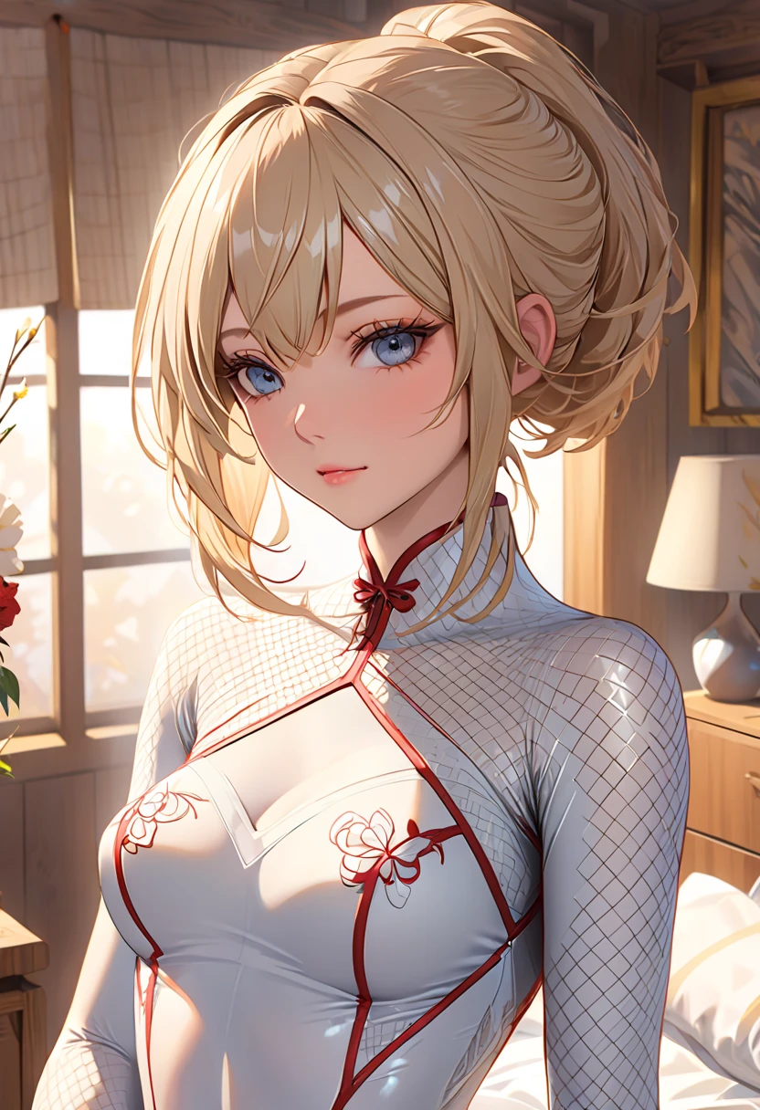 masterpiece, ultra high quality CG, best quality, perfect picture, solo, lidia sobieska (tekken, blonde hair with high ponytail, blue eyes, red hairbow, strong), wearing a sexy karate outfit, sitting on the bed, looking sideways, blushing, shoulders showing, in a European mansion