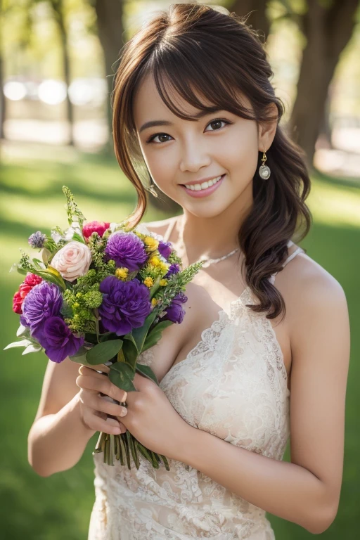 (masterpiece), (intricate details), (photorealistic:1.3), (film grain:1.3), (perfect anatomy:1.3), [:(intricate details), (detailed skin), (detailed face):0.2],, 1girl, small breasts, smile, tan, short hair, ponytail, (forehead exposed:1.2), fine wrinkles, pores, complexion, Korean, K-pop idol, 16yo, wedding dress, wedding veil, smile, vibrant wedding hall, outdoor, variety of flowers, (English garden:1.3),  
cowboy shot,