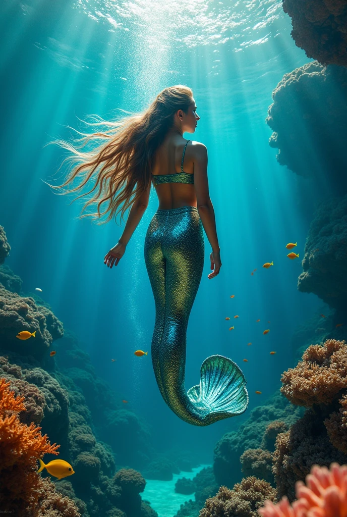 High quality, high resolution, photo taken from outside the glass of the aquarium. There is a mermaid in a large aquarium. The mermaid is very beautiful and charming, she looks like a young and beautiful European woman with a fish tail. She has very fantastic and vivid primary colors. There are various fish, colorful corals and aquatic plants in the aquarium. This photo symbolizes her life in the ocean and she is fascinated by everything she sees.