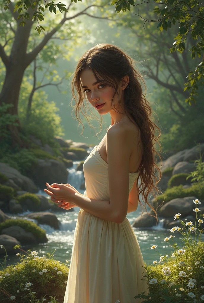 painting of a woman in a white dress in a river, painting of beautiful, oil on canvas painting, beautiful painting, realistic oil painting, beautiful character painting, oil canvas, beautiful realistic painting, in a oil painting style, sensual painting, beautiful goddess, beautiful oil painting, oil art, oil painting of realistic woman, fine art oil painting, 4 k oil painting