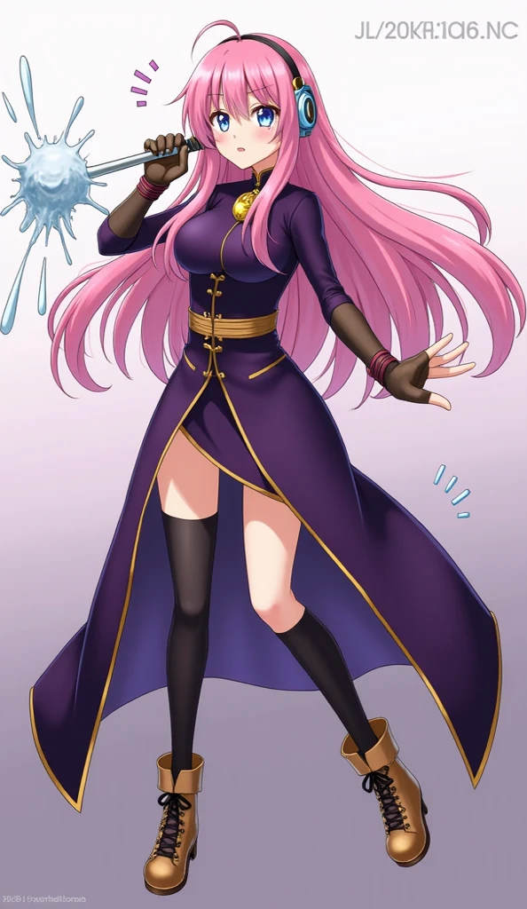 masterpiece, ultra detailed, 1woman, middle aged woman, amulet, armband, armpits, arms_up, black_legwear, black_shirt, black_skirt, blue_eyes, blue_nails, large breasts, cleavage, boots, cross-laced_footwear, full_body, gold_trim, headphones, headset, knee_boots, lace-up_boots, long_hair, long_skirt, looking_at_viewer, megurine_luka, nail_polish, pink_hair, shirt, side_slit, skirt, smile, solo, standing, thighhighs, very_long_hair, voluminous hair, white_background, yellow_footwear