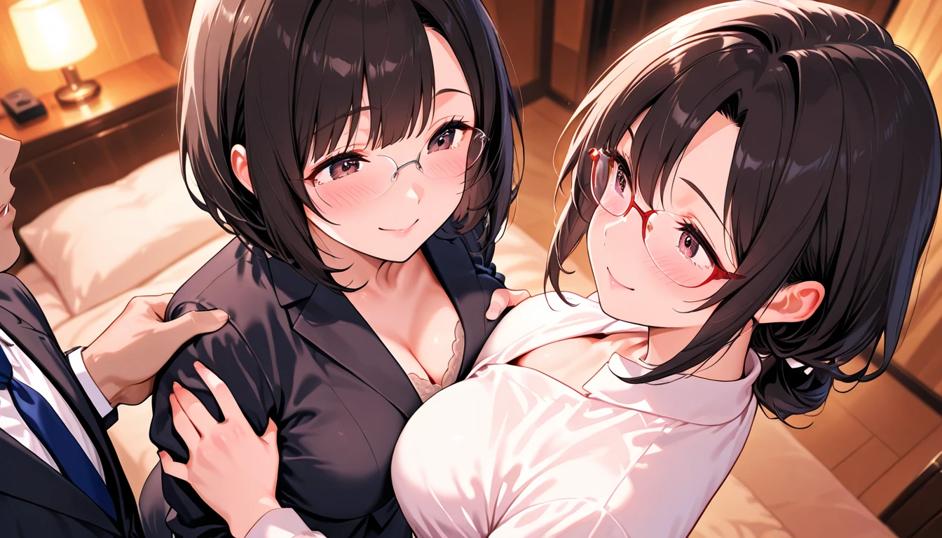 multiple girls, 2girls, grabbing, yuri, breast grab, breasts, window, bed, large breasts, bookshelf, bedroom, on bed, skirt, pantyhose, ass, indoors, deep skin, book, glasses, groping, grabbing from behind, short hair, brown hair, breast lift, open mouth, sitting, blush, thick thighs, office, curtains, thighs, bed sheet, pleated skirt